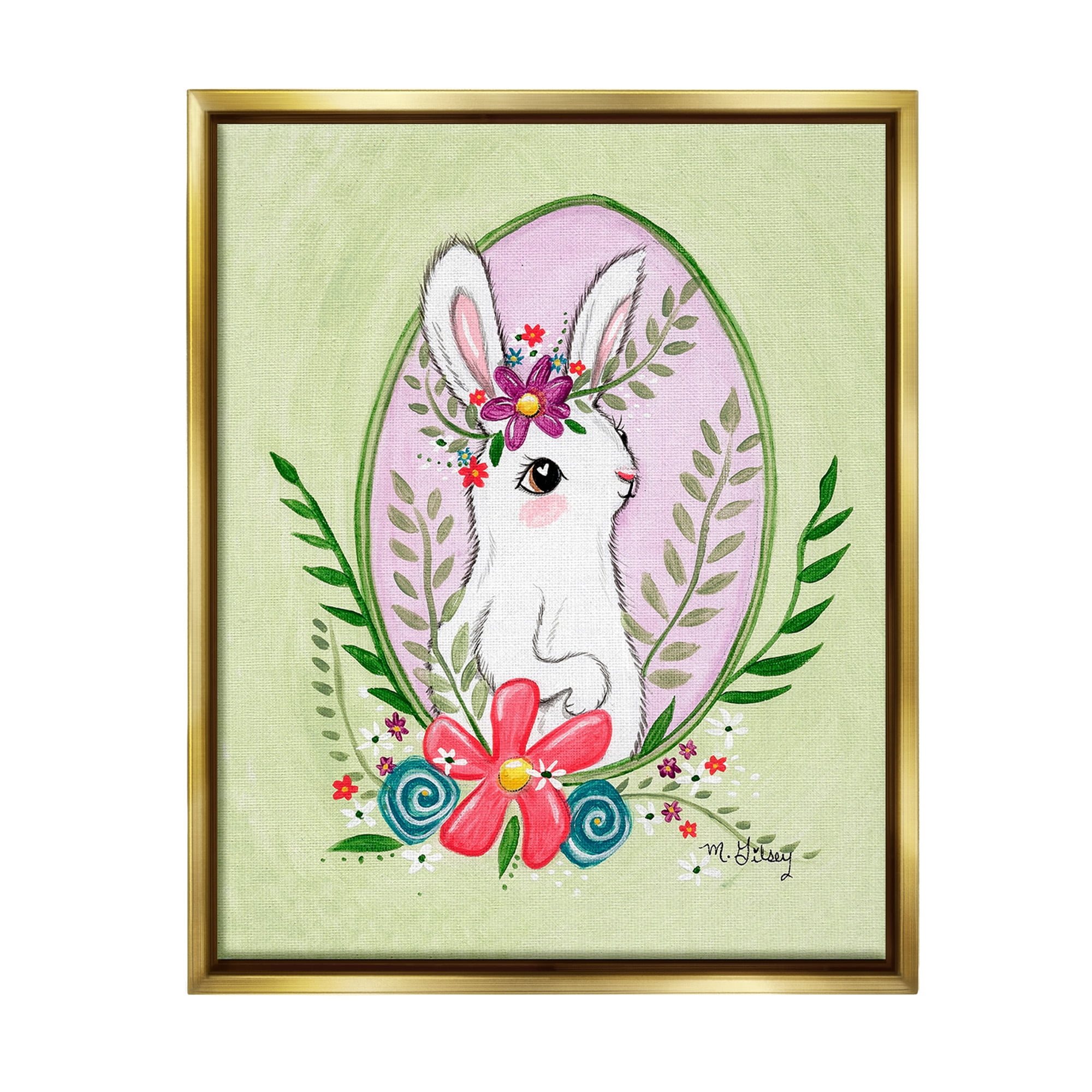 Stupell Industries Spring Bunny & Blossom Animals & Insects Painting Gold Floater Framed Canvas Art Print Wall Art, 17 x 21