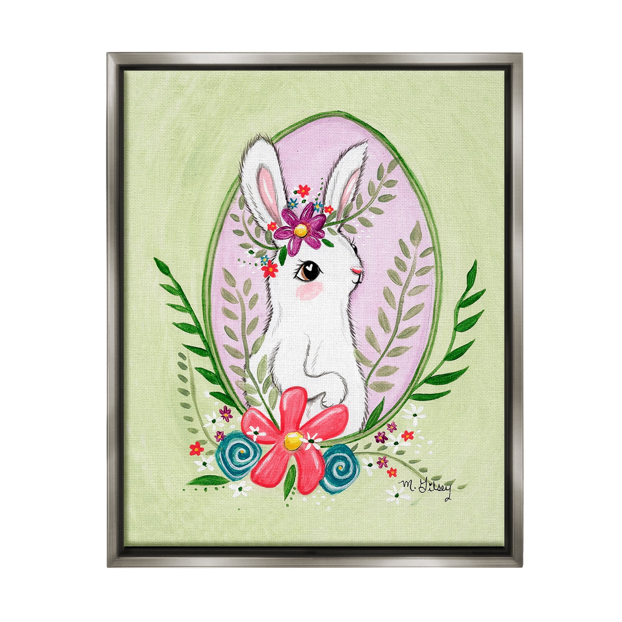 Stupell Industries Spring Bunny & Blossom Animals & Insects Painting Gray Floater Framed Canvas Art Print Wall Art, 17 x 21