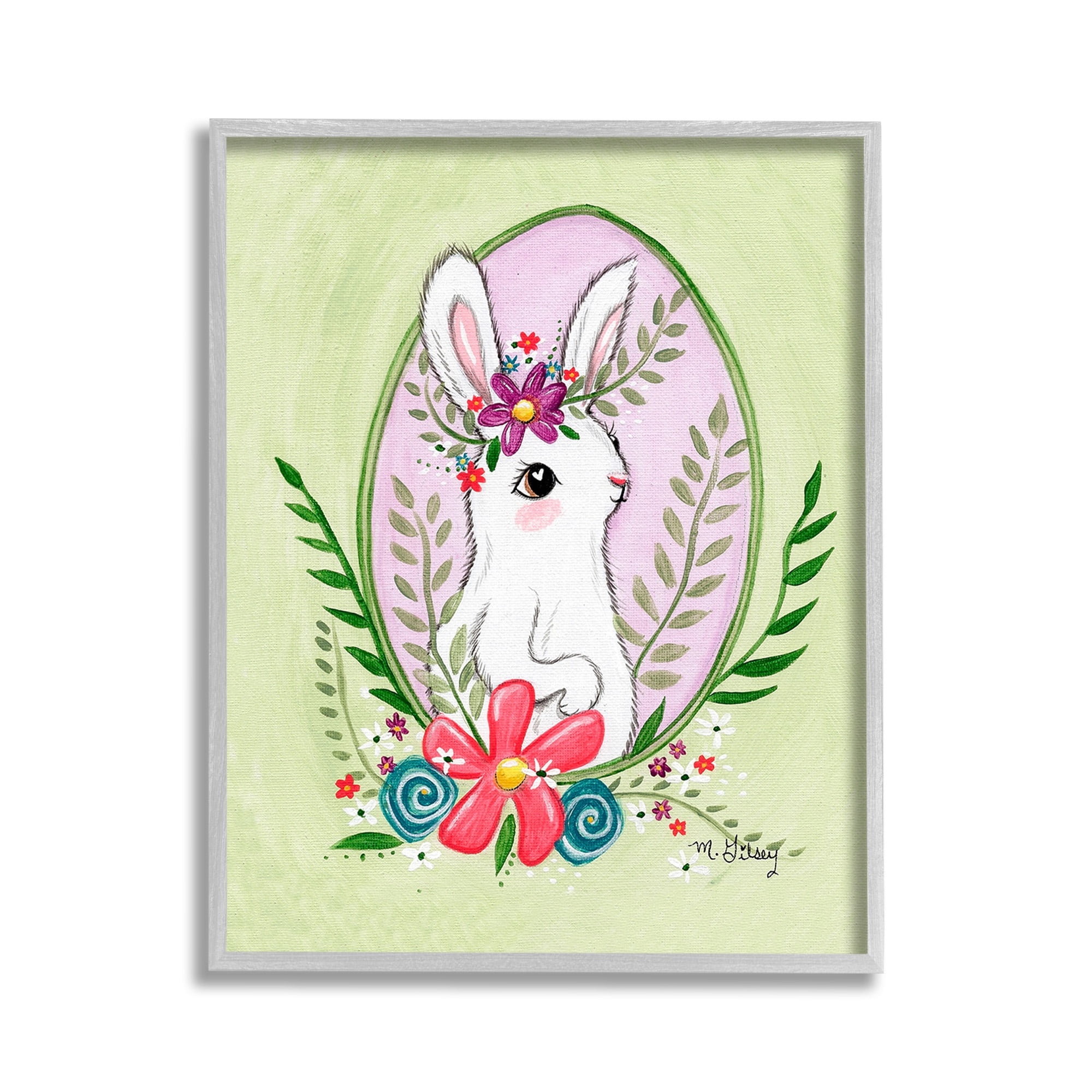 Stupell Industries Spring Bunny & Blossom Animals & Insects Painting Gray Framed Art Print Wall Art, 11 x 14