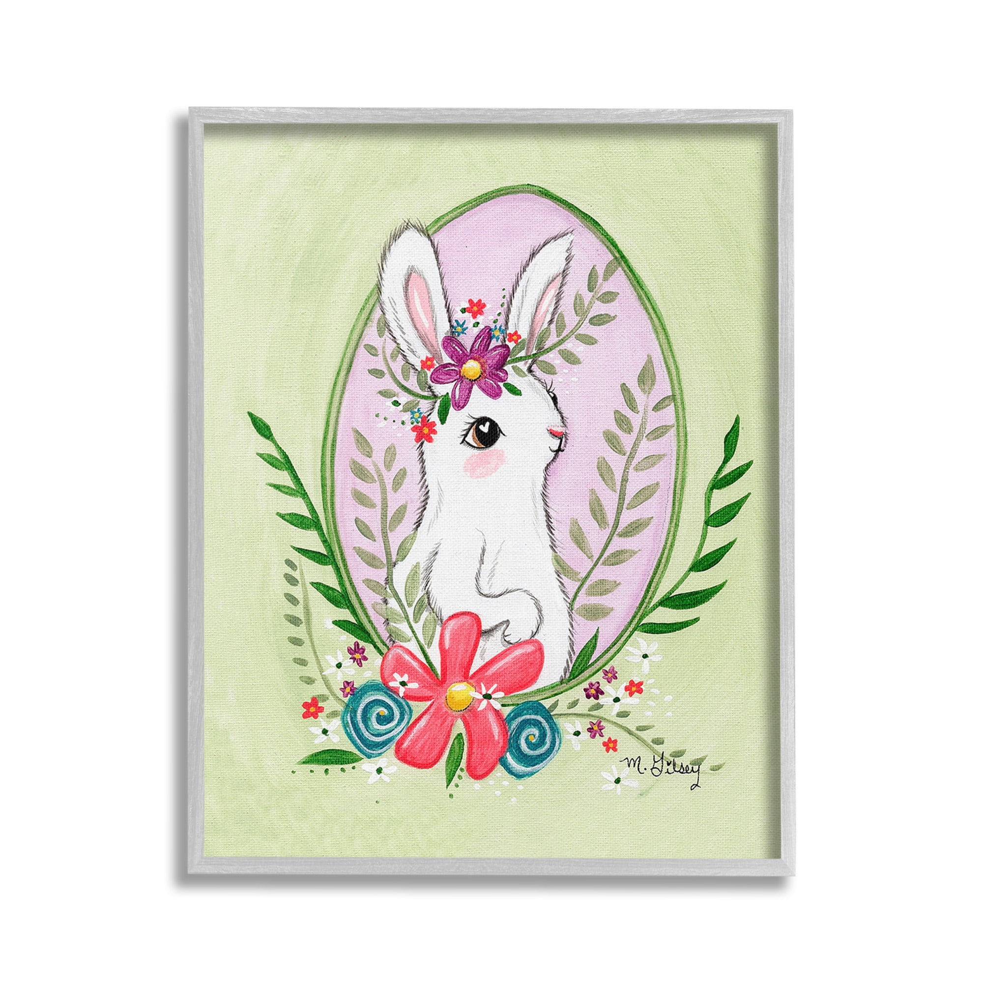 Stupell Industries Spring Bunny & Blossom Animals & Insects Painting Gray Framed Art Print Wall Art, 16 x 20