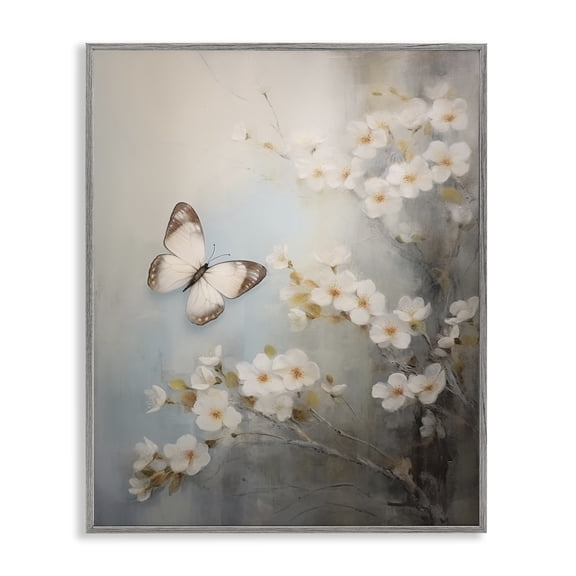 Stupell Industries Spring Butterfly & Dogwood Insects Painting Gray Framed Art Print Wall Art, 11 x 14