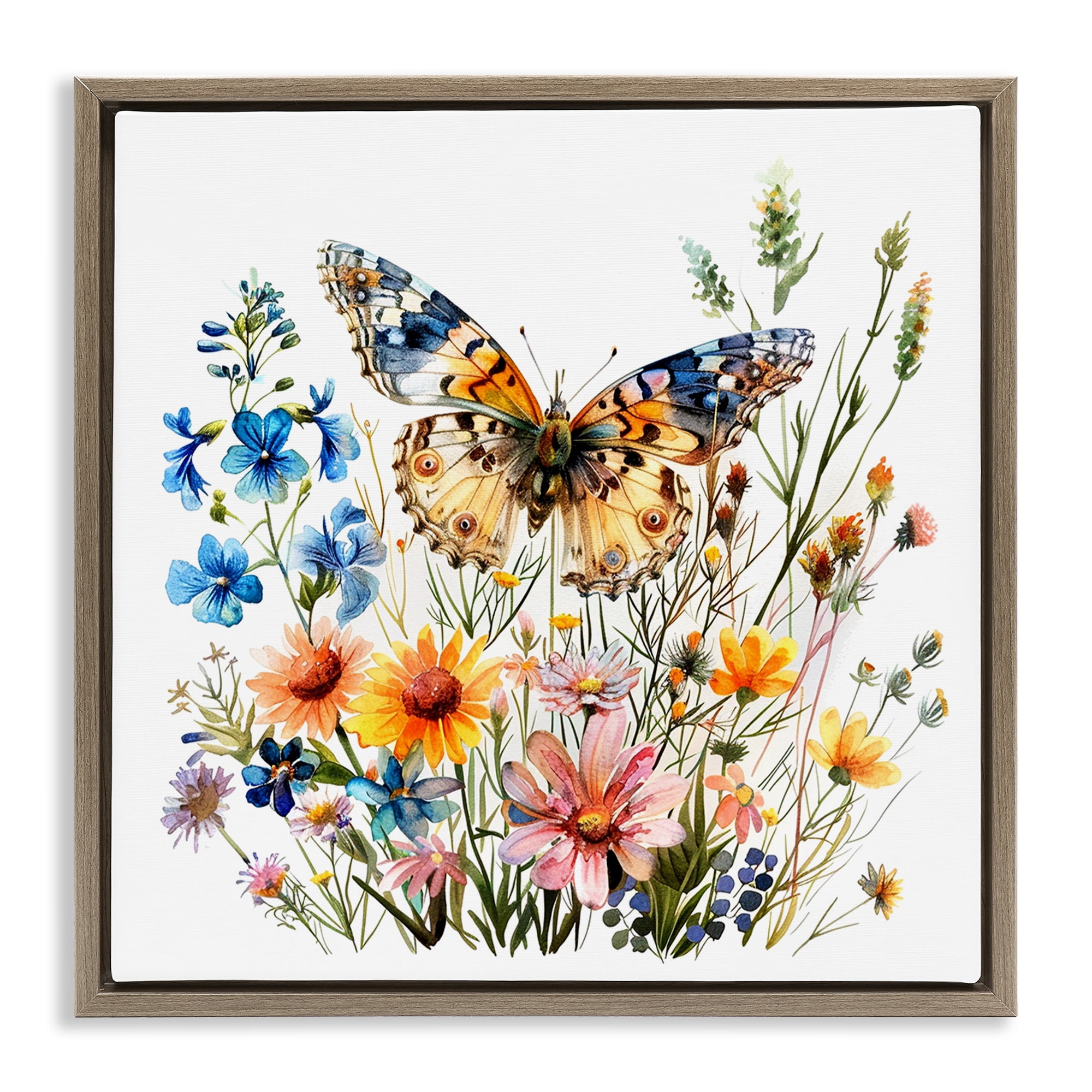 Stupell Industries Spring Butterfly Garden Insects Painting Brown Floater Framed Canvas Art Print Wall Art, 25 x 25