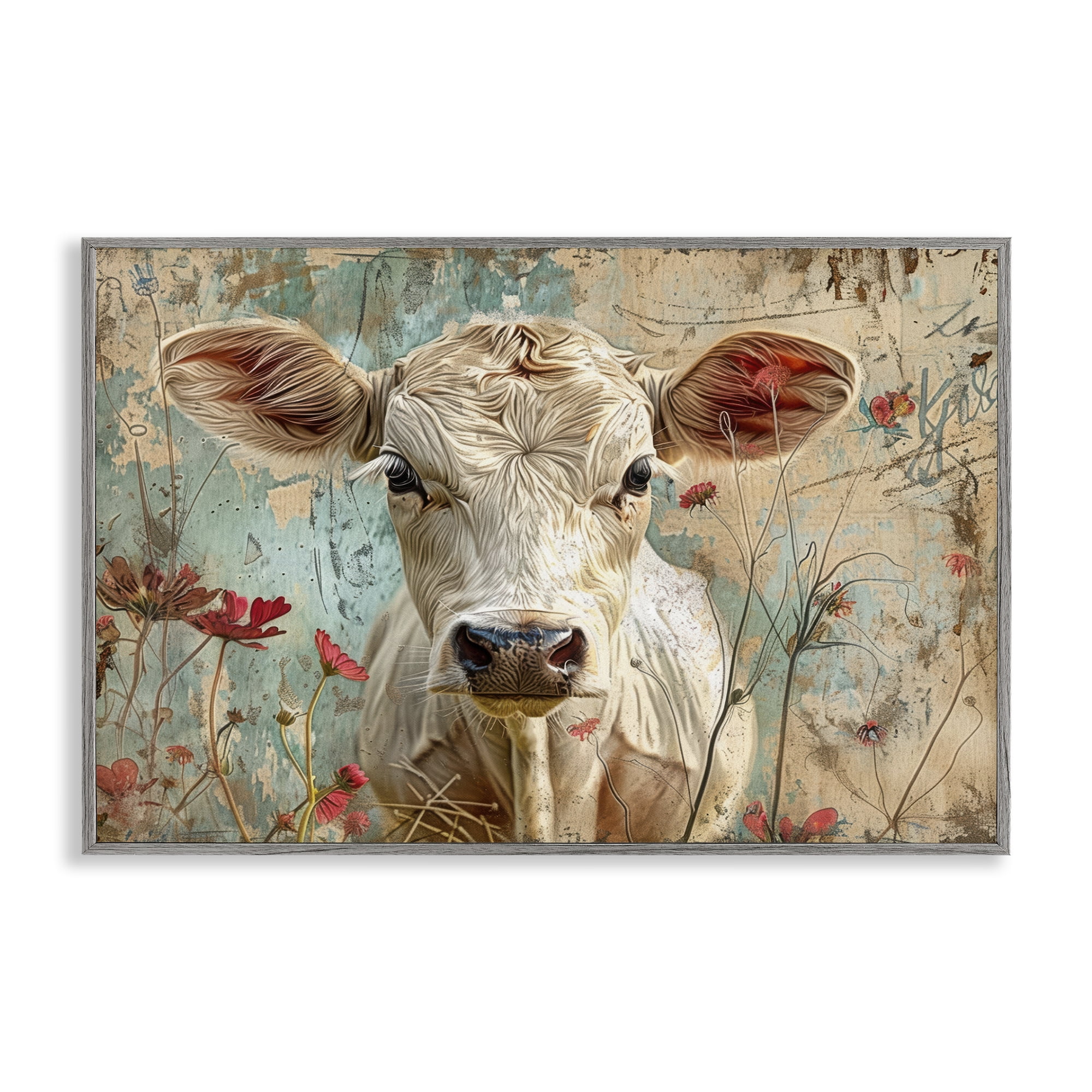 Stupell Industries Spring Country Cow Animals Painting Gray Framed Art Print Wall Art, 30 x 20