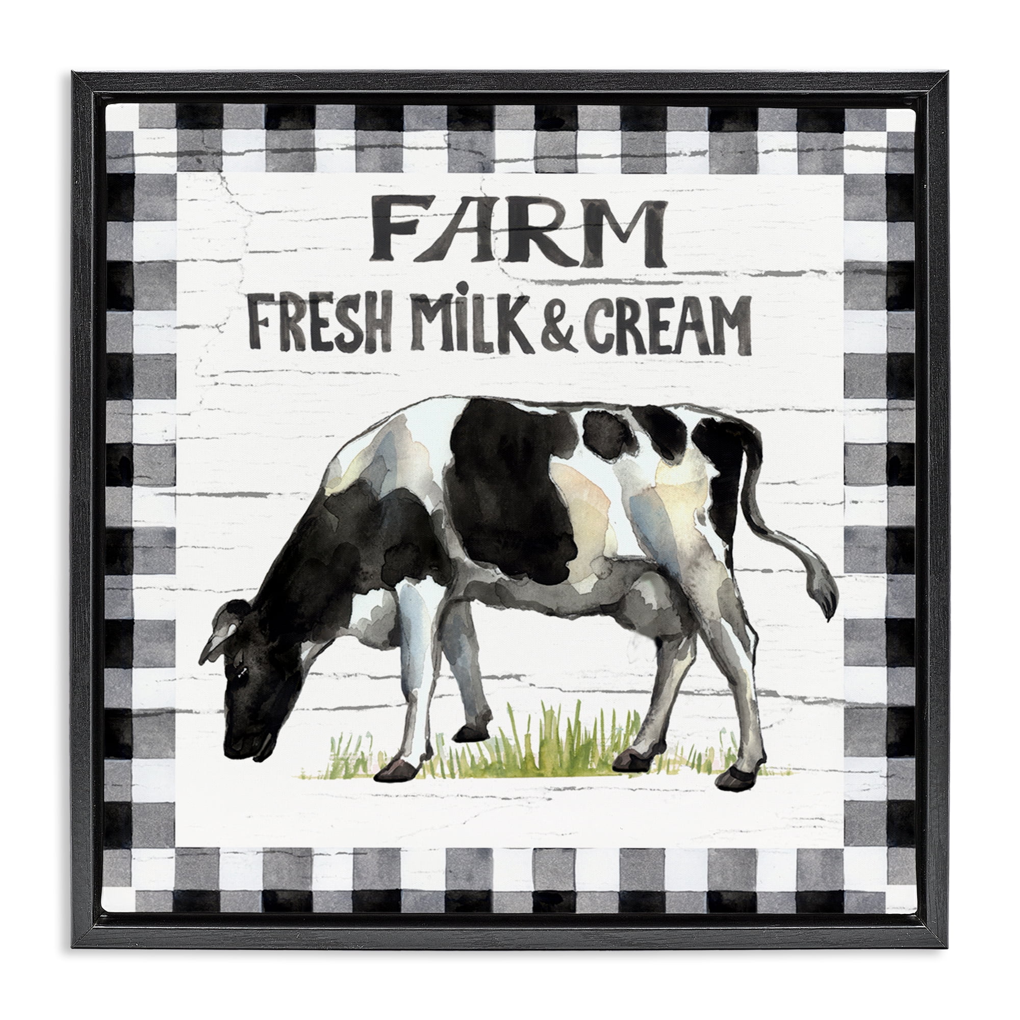 Stupell Industries Spring Cow with Border Animals Painting Black Floater Framed Canvas Art Print Wall Art, 18 x 18