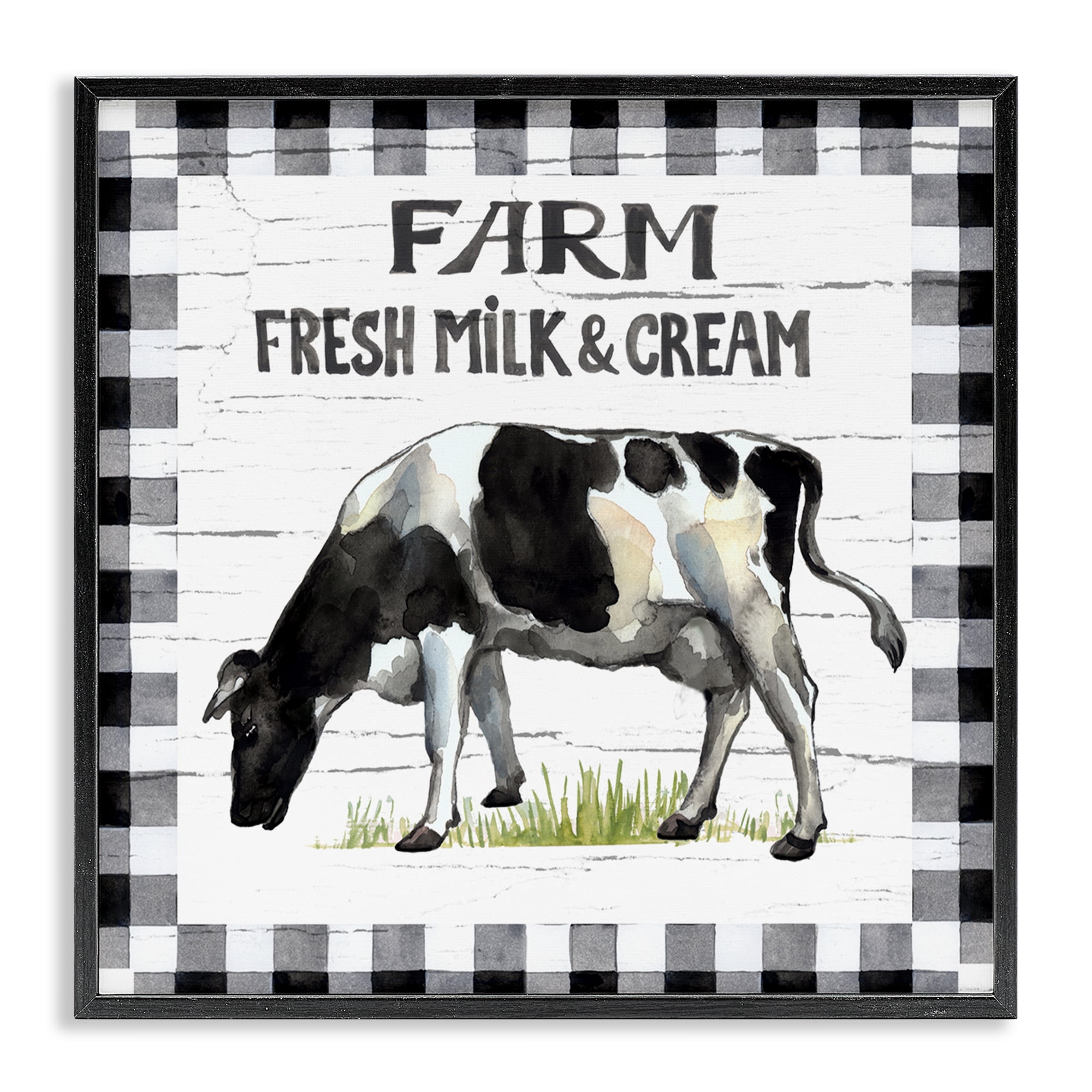 Stupell Industries Spring Cow with Border Animals Painting Black Framed Art Print Wall Art, 17 x 17
