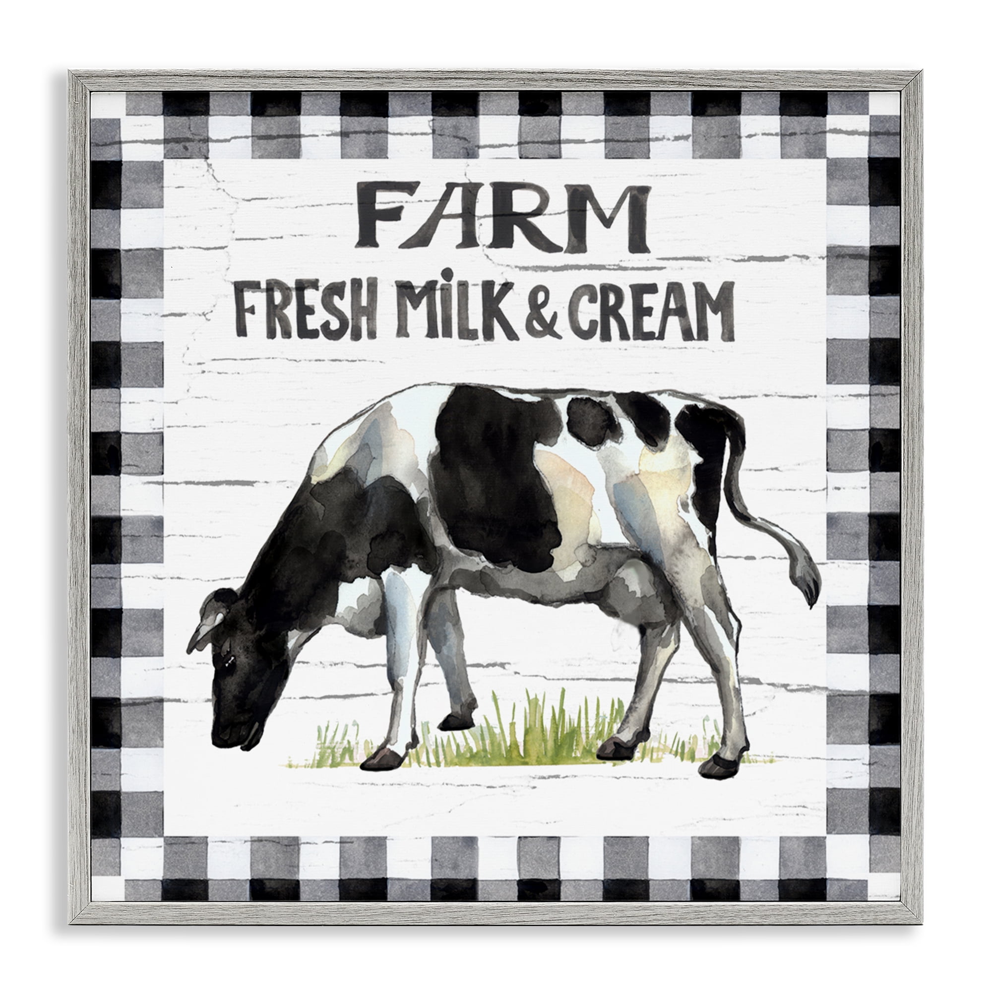 Stupell Industries Spring Cow with Border Animals Painting Gray Framed Art Print Wall Art, 12 x 12