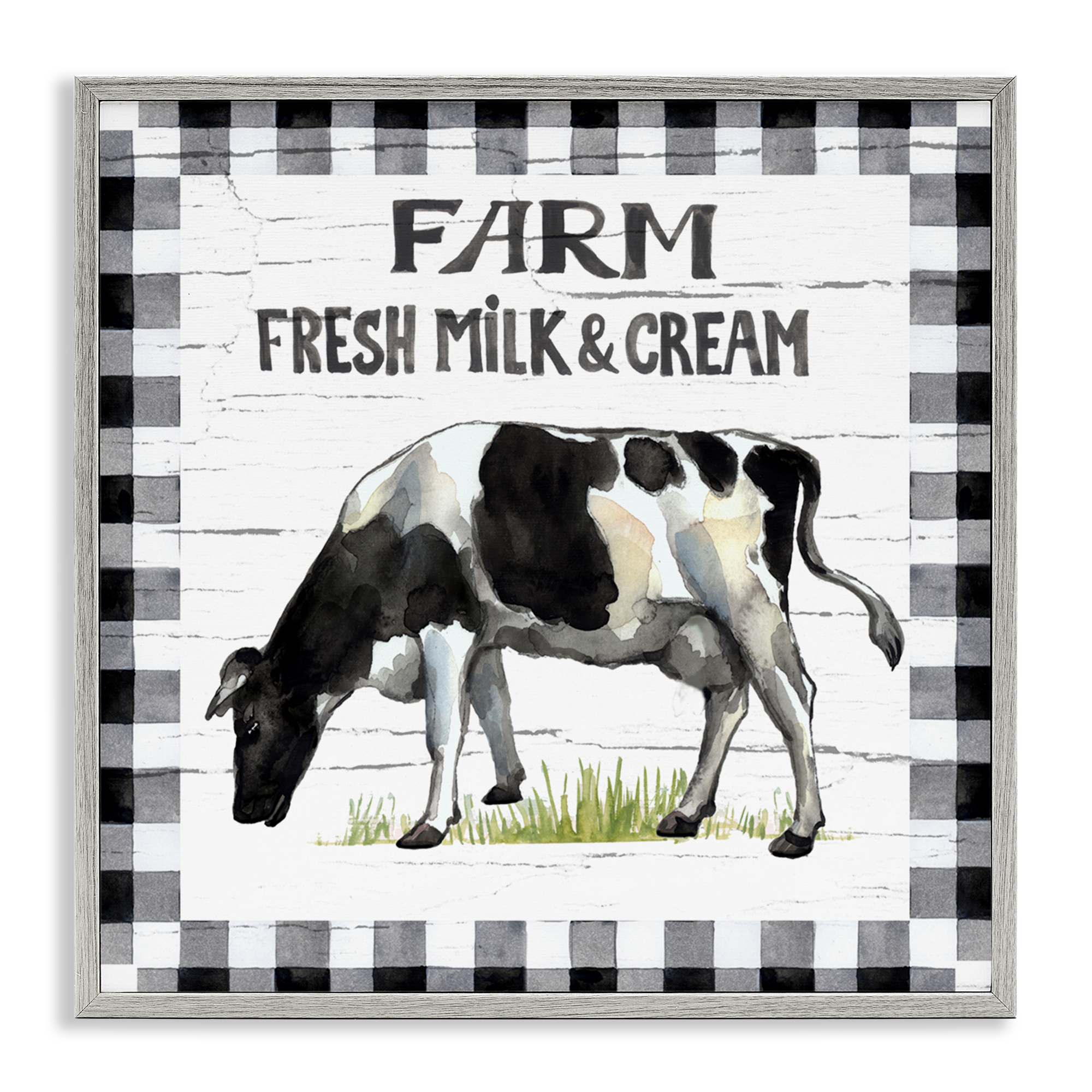 Stupell Industries Spring Cow with Border Animals Painting Gray Framed Art Print Wall Art, 17 x 17