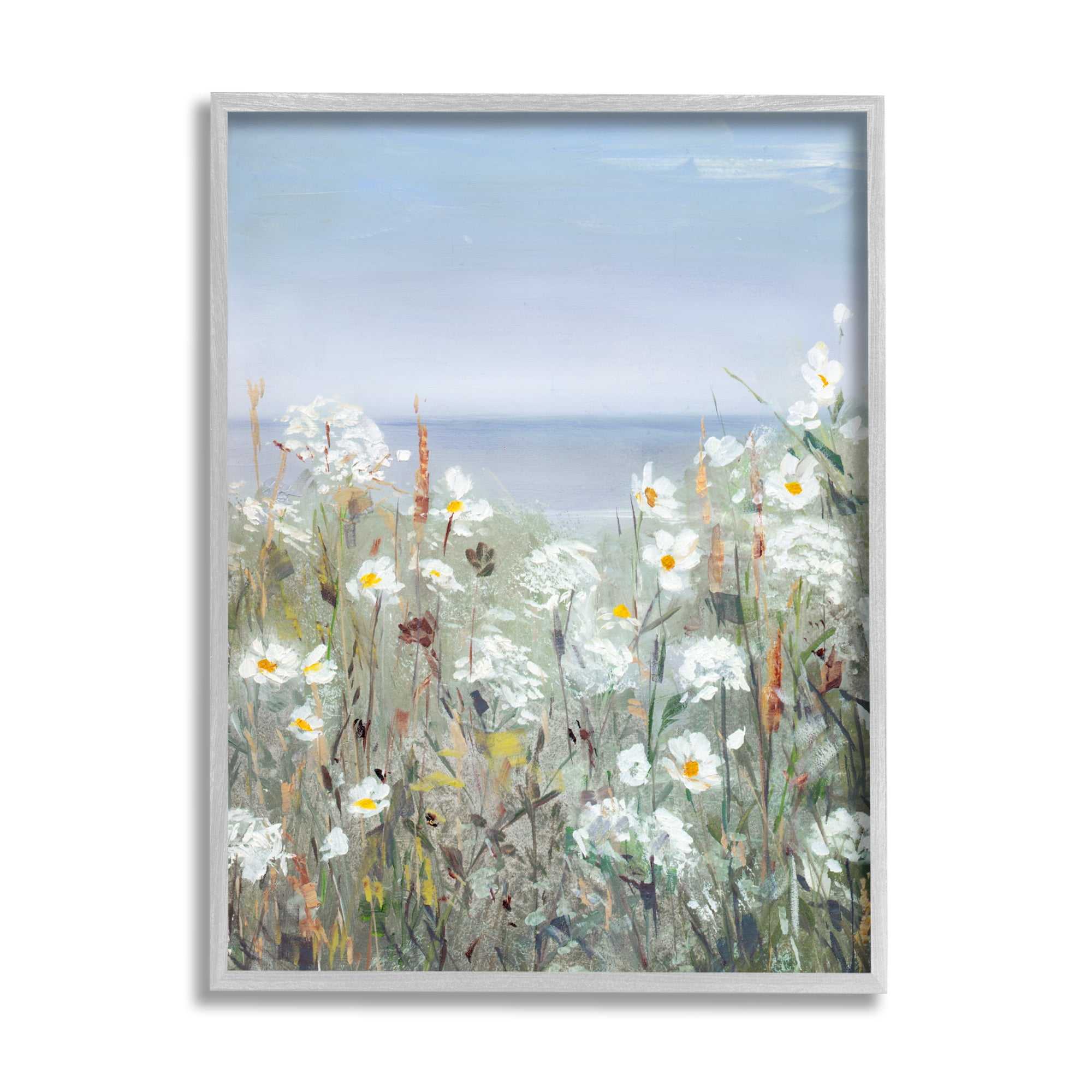 Stupell Industries Spring Daisy Flower Blooms Beachside Ocean View Painting Gray Framed Art Print Wall Art, Design by Sally Swatland