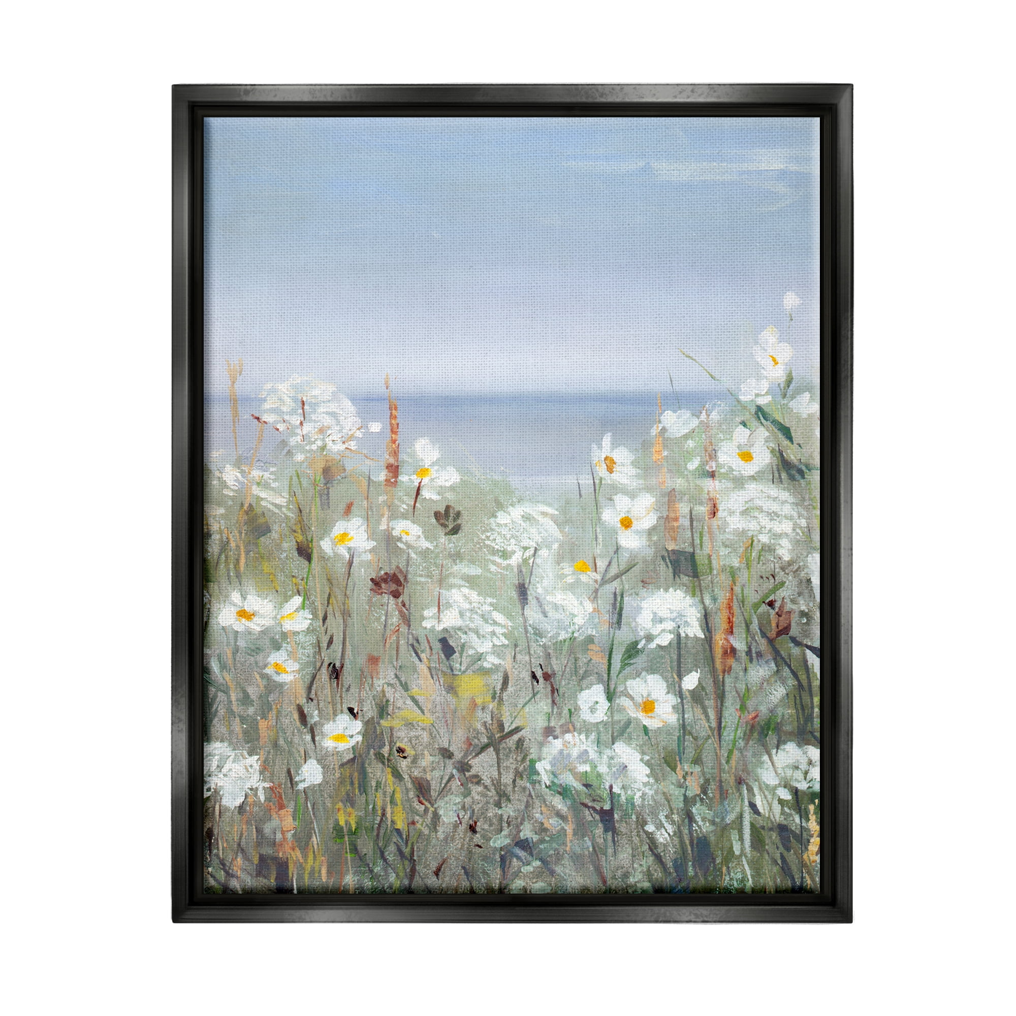 Stupell Industries Spring Daisy Flower Blooms Beachside Ocean View Painting Jet Black Floating Framed Canvas Print Wall Art, Design by Sally Swatland