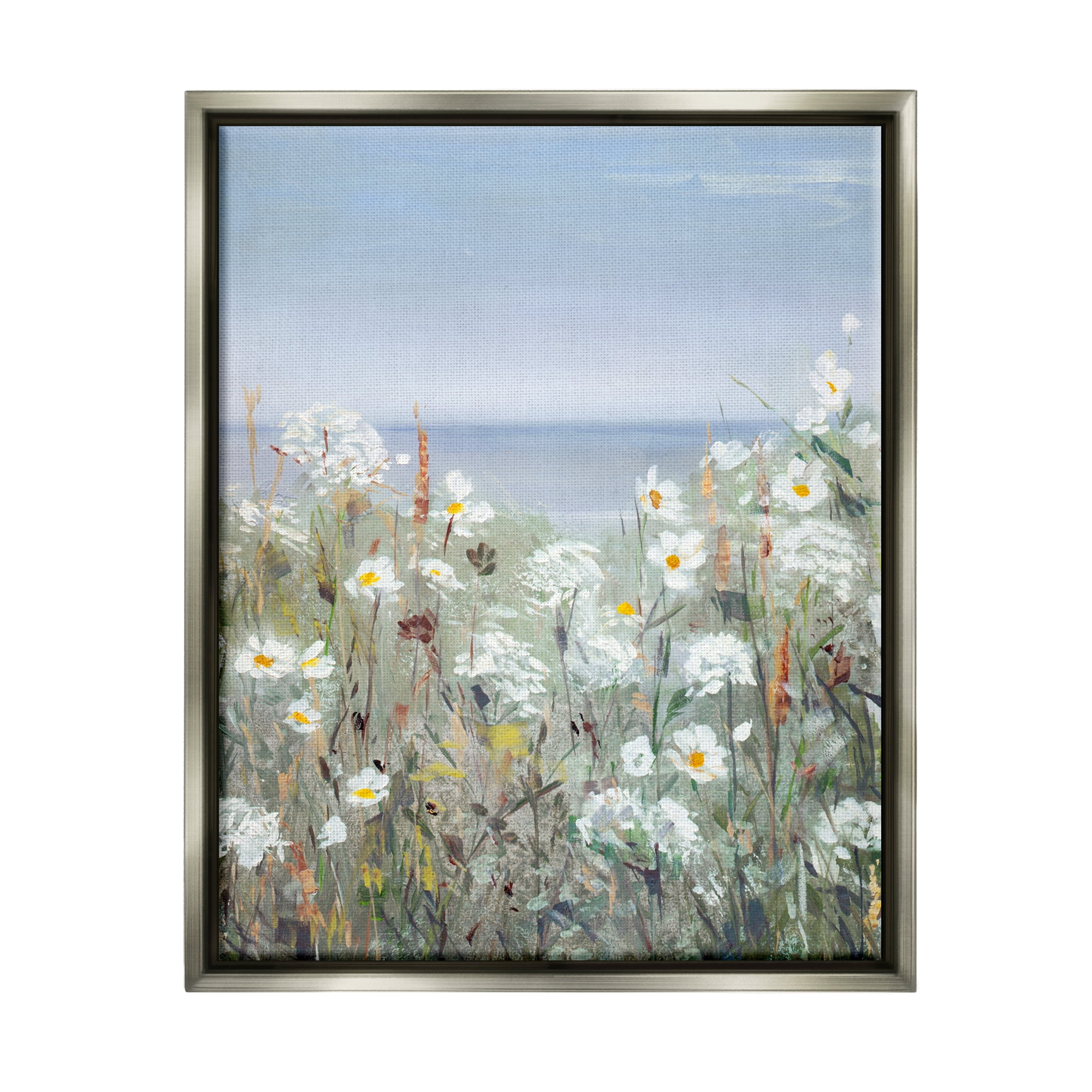 Stupell Industries Spring Daisy Flower Blooms Beachside Ocean View Painting Luster Gray Floating Framed Canvas Print Wall Art, Design by Sally Swatland