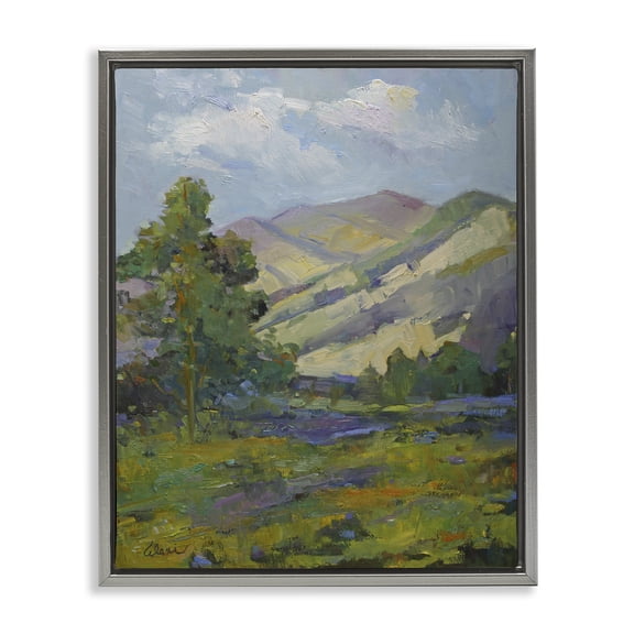 Stupell Industries Spring Day Mountain Landscape & Nature Painting Gray Floater Framed Canvas Art Print Wall Art, 17 x 21