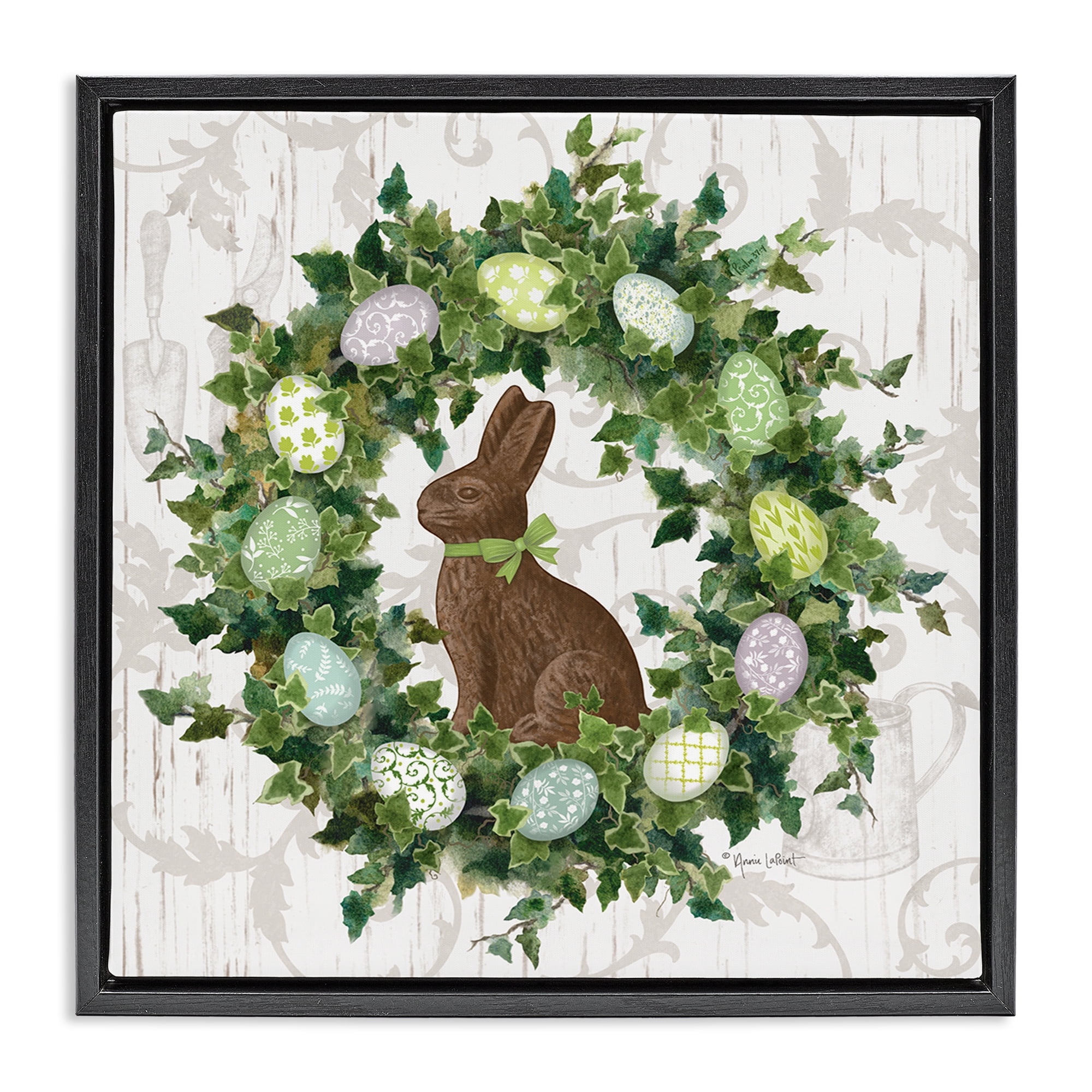 Stupell Industries Spring Easter Egg Wreath Botanical & Floral Painting Black Floater Framed Canvas Art Print Wall Art, 25 x 25