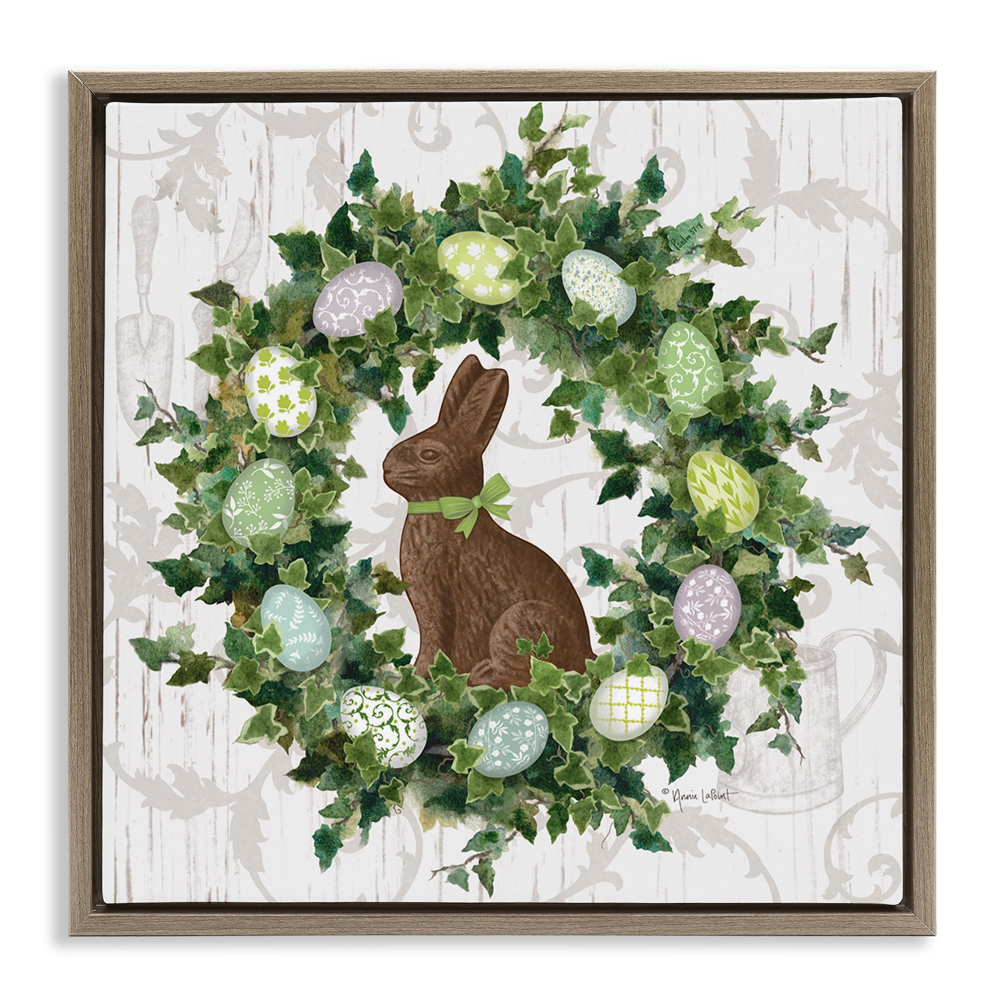 Stupell Industries Spring Easter Egg Wreath Botanical & Floral Painting Brown Floater Framed Canvas Art Print Wall Art, 18 x 18