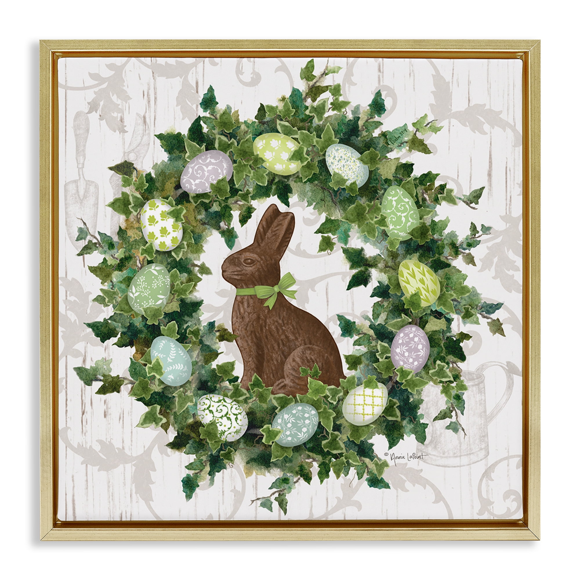 Stupell Industries Spring Easter Egg Wreath Botanical & Floral Painting Gold Floater Framed Canvas Art Print Wall Art, 25 x 25