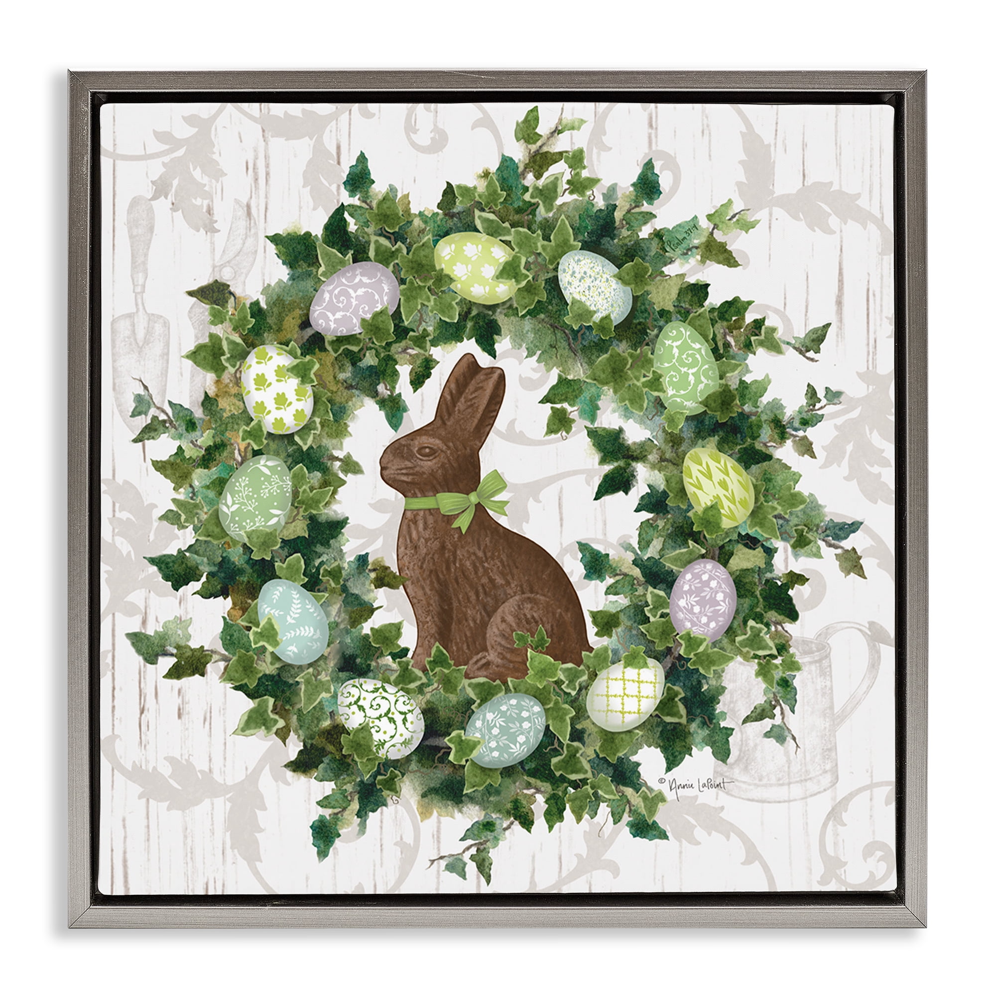Stupell Industries Spring Easter Egg Wreath Botanical & Floral Painting Gray Floater Framed Canvas Art Print Wall Art, 18 x 18