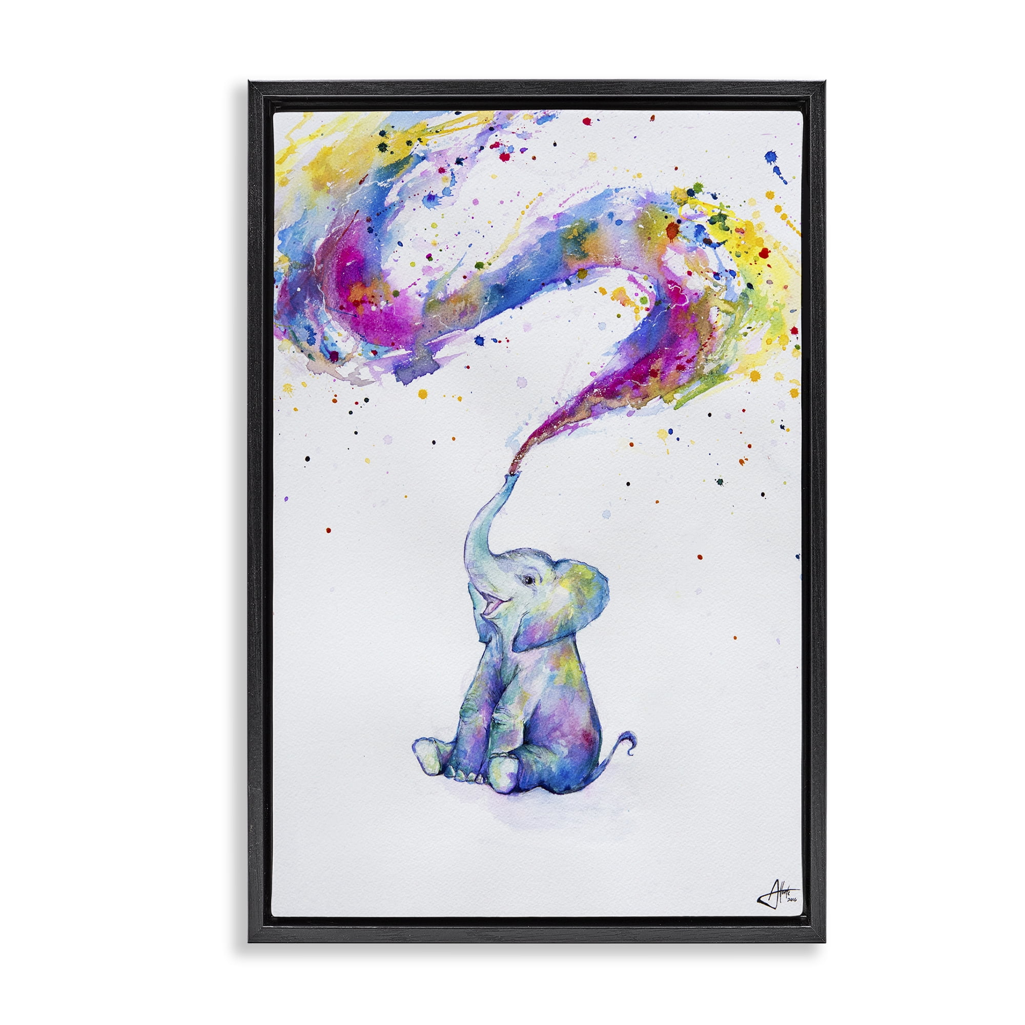 Stupell Industries Spring Elephant & Paint Splatter Black Framed Floater Canvas Wall Art, design by Marc Allante