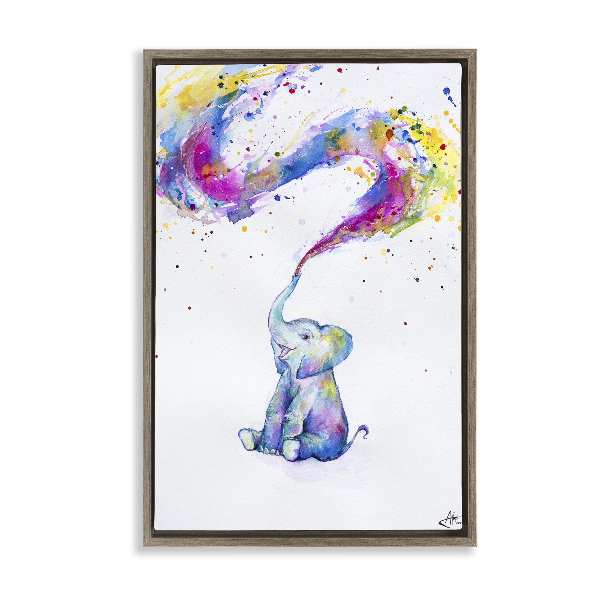 Stupell Industries Spring Elephant & Paint Splatter Brown Framed Floater Canvas Wall Art, design by Marc Allante