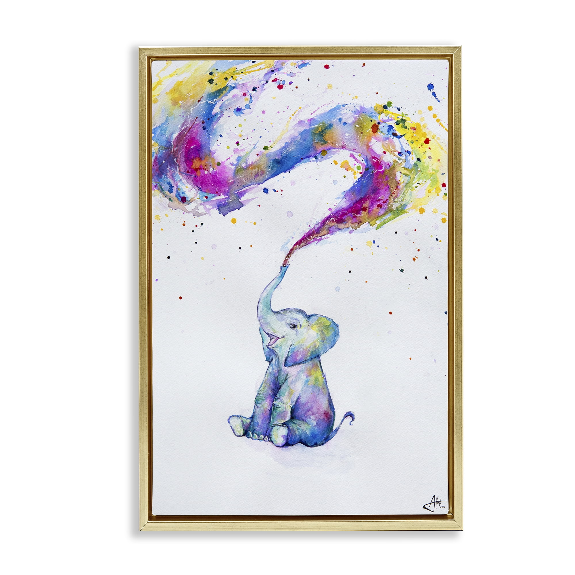 Stupell Industries Spring Elephant & Paint Splatter Gold Framed Floater Canvas Wall Art, design by Marc Allante