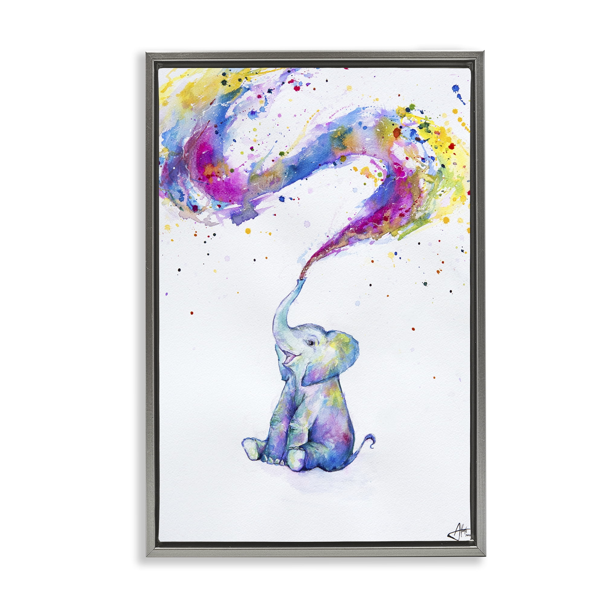 Stupell Industries Spring Elephant & Paint Splatter Gray Framed Floater Canvas Wall Art, design by Marc Allante