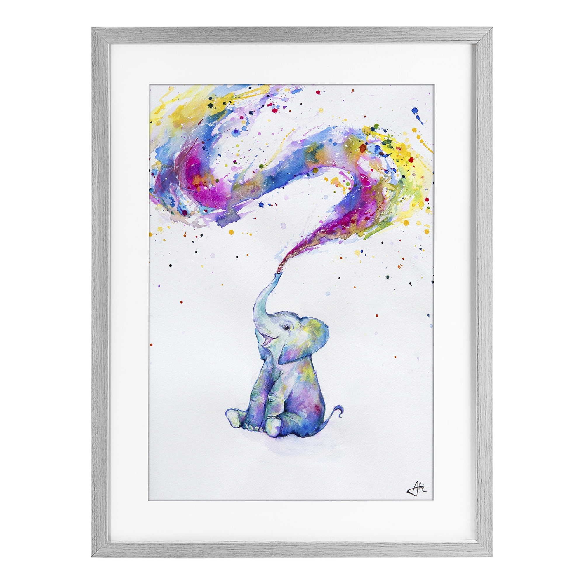 Stupell Industries Spring Elephant & Paint Splatter Gray Framed Print Under Glass, design by Marc Allante