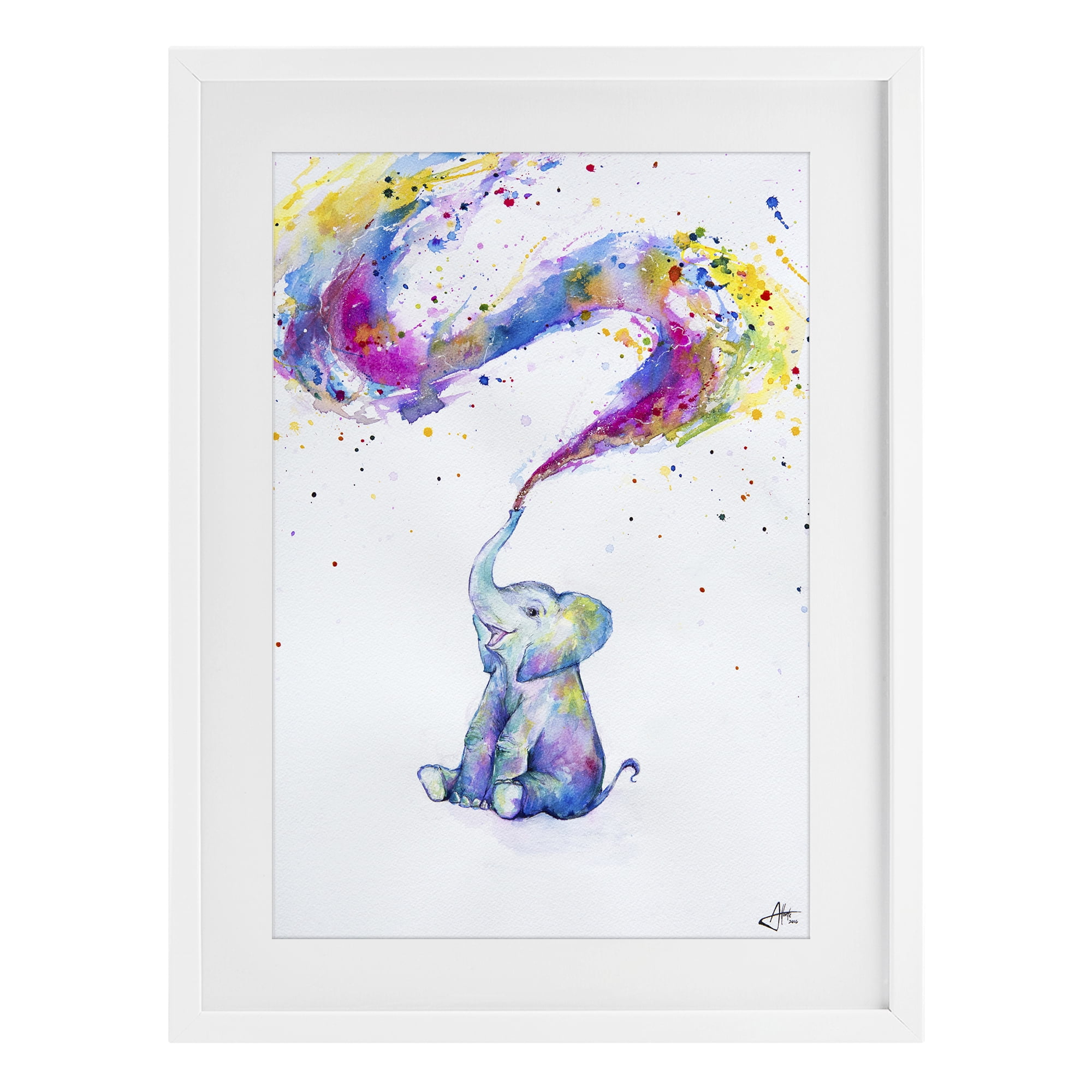 Stupell Industries Spring Elephant & Paint Splatter White Framed Print Under Glass, design by Marc Allante