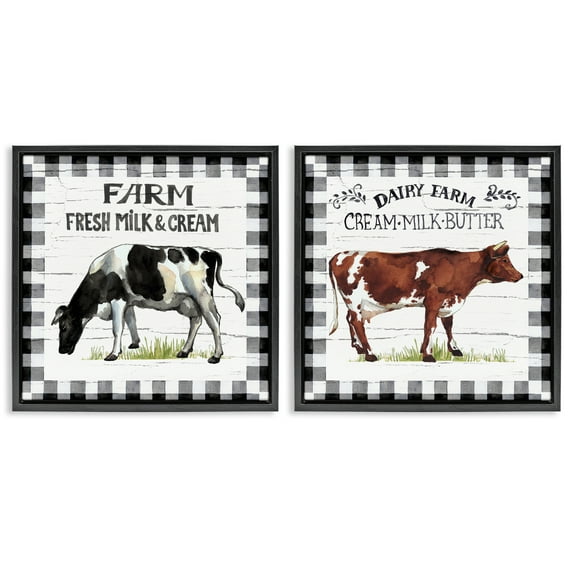 Stupell Industries Spring Farm Dairy Cows Animals Painting Black Floater Framed Canvas Art Print Wall Art, 25 x 25, Set of 2