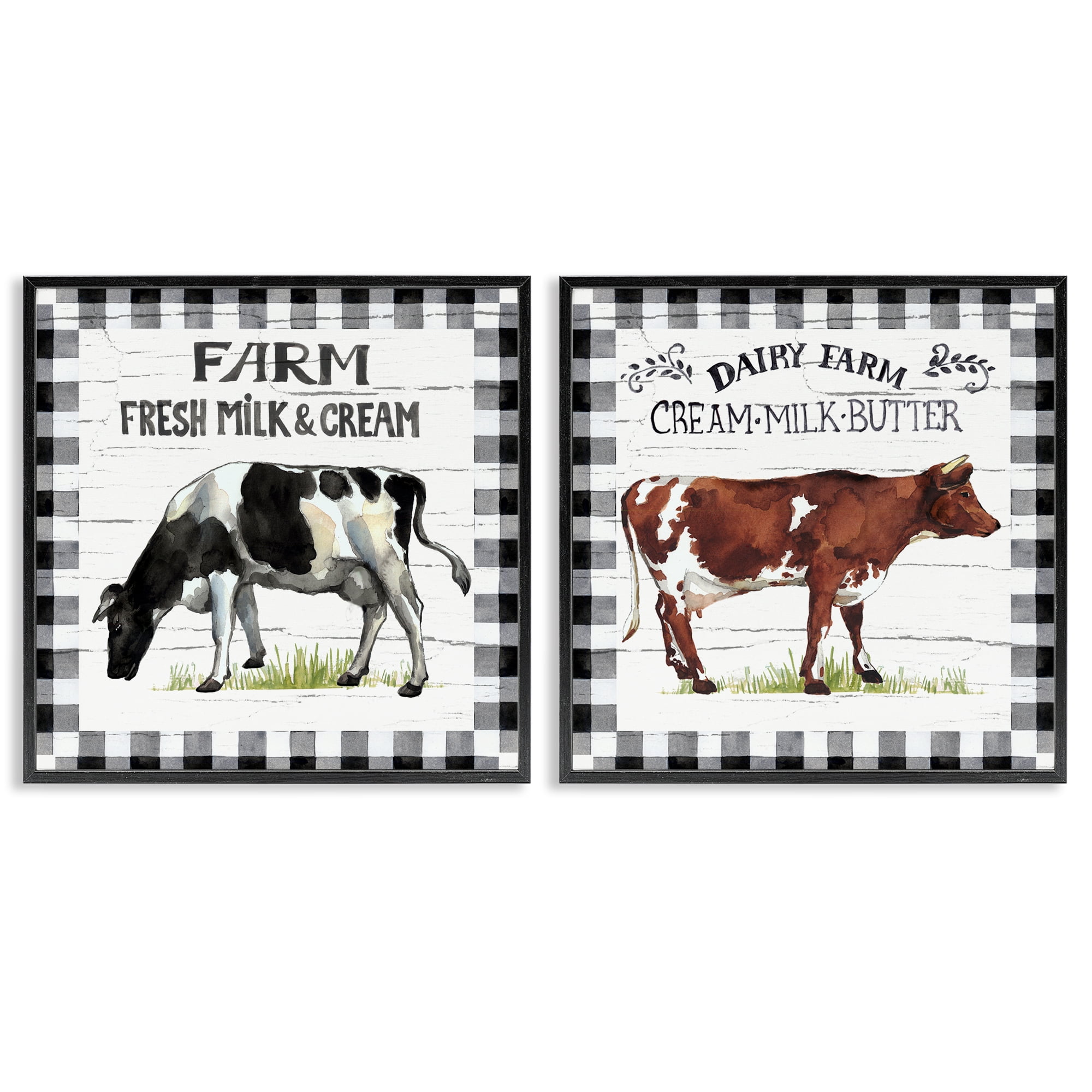 Stupell Industries Spring Farm Dairy Cows Animals Painting Black Framed Art Print Wall Art, 24 x 24, Set of 2