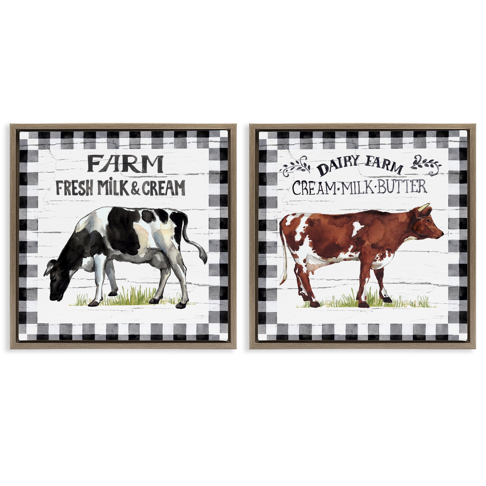 Stupell Industries Spring Farm Dairy Cows Animals Painting Brown Floater Framed Canvas Art Print Wall Art, 25 x 25, Set of 2