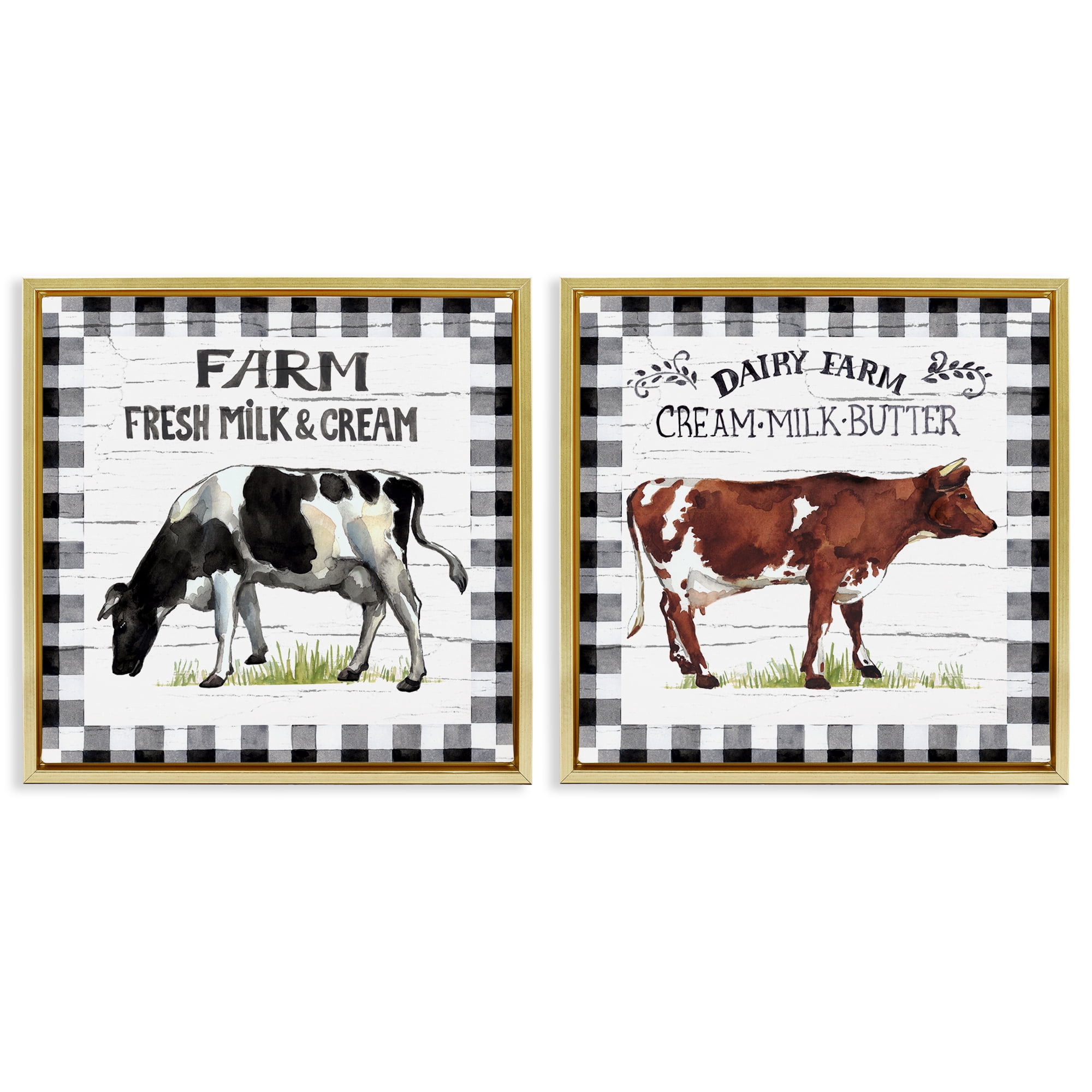Stupell Industries Spring Farm Dairy Cows Animals Painting Gold Floater Framed Canvas Art Print Wall Art, 18 x 18, Set of 2
