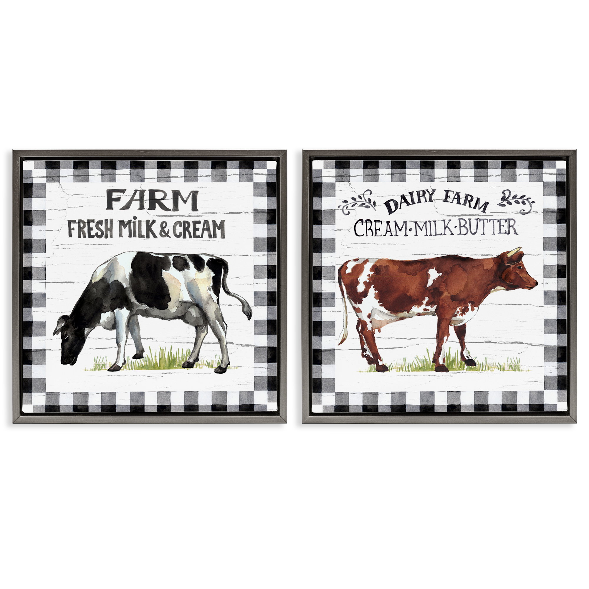 Stupell Industries Spring Farm Dairy Cows Animals Painting Gray Floater Framed Canvas Art Print Wall Art, 25 x 25, Set of 2