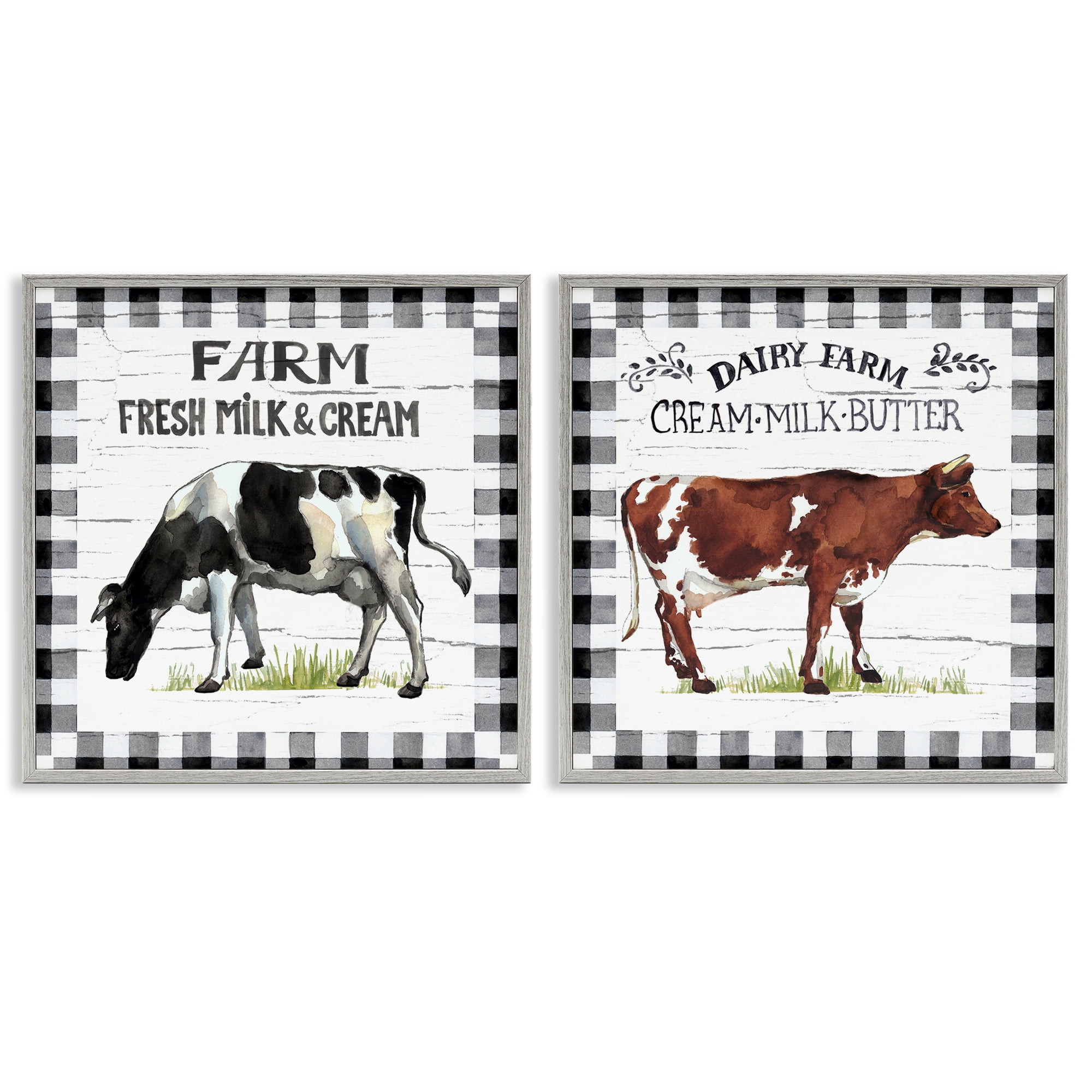 Stupell Industries Spring Farm Dairy Cows Animals Painting Gray Framed Art Print Wall Art, 24 x 24, Set of 2