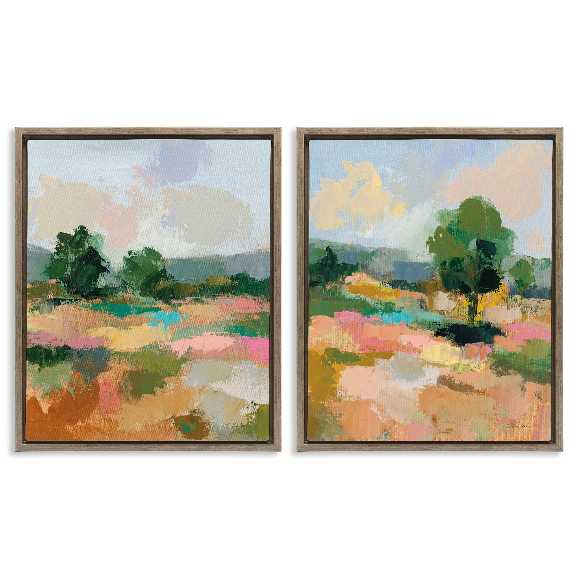 Stupell Industries Spring Field Abstract Landscape Landscape & Nature Painting Brown Floater Framed Canvas Art Print Wall Art, 17 x 21, Set of 2
