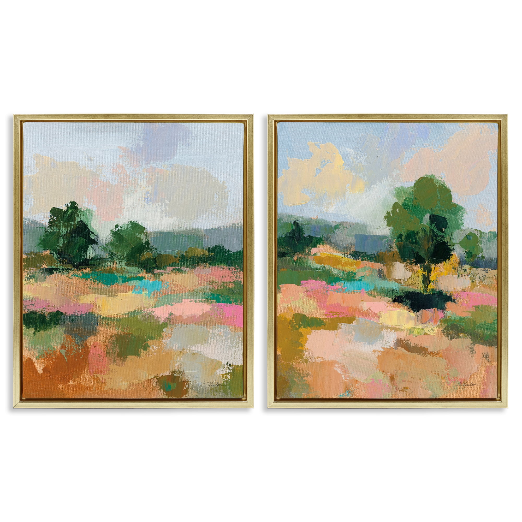 Stupell Industries Spring Field Abstract Landscape Landscape & Nature Painting Gold Floater Framed Canvas Art Print Wall Art, 31 x 25, Set of 2