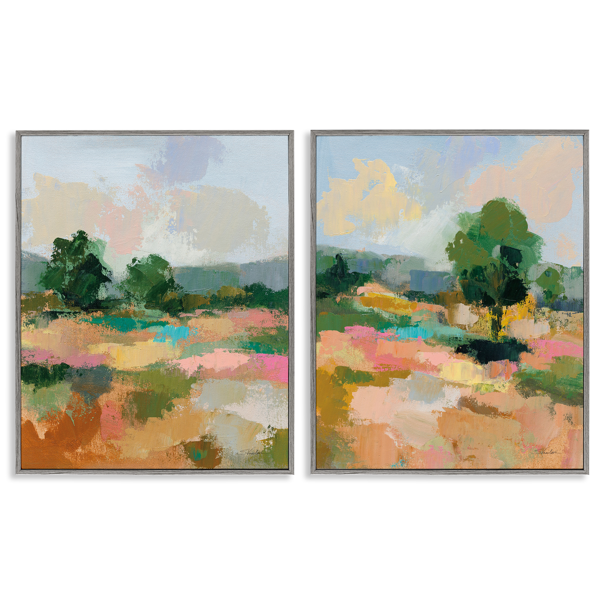 Stupell Industries Spring Field Abstract Landscape Landscape & Nature Painting Gray Framed Art Print Wall Art, 24 x 30, Set of 2
