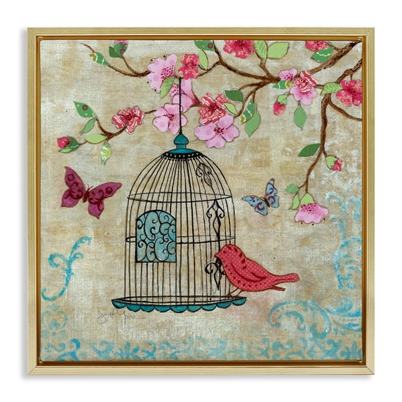Stupell Industries French Country Spring Fling Bird Scene Gold Floating Frame Canvas Art, 25 x 25, by Janet Tava