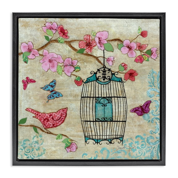 Stupell Industries Spring Fling Pink Bird Black Framed Floater Canvas Wall Art design by Janet Tava, 18 x 18