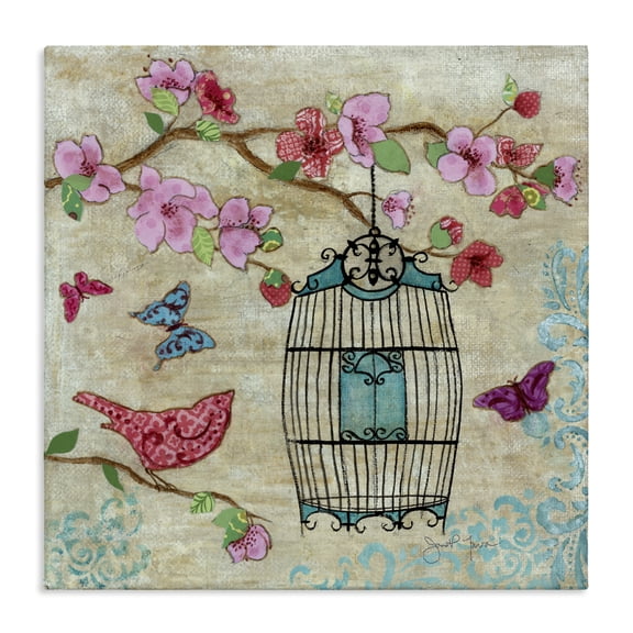 Stupell Industries Spring Fling Pink Bird Canvas Wall Art design by Janet Tava, 17 x 17