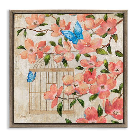 Stupell Industries Spring Fling Red Blossoms Brown Framed Floater Canvas Wall Art design by Nan, 18 x 18