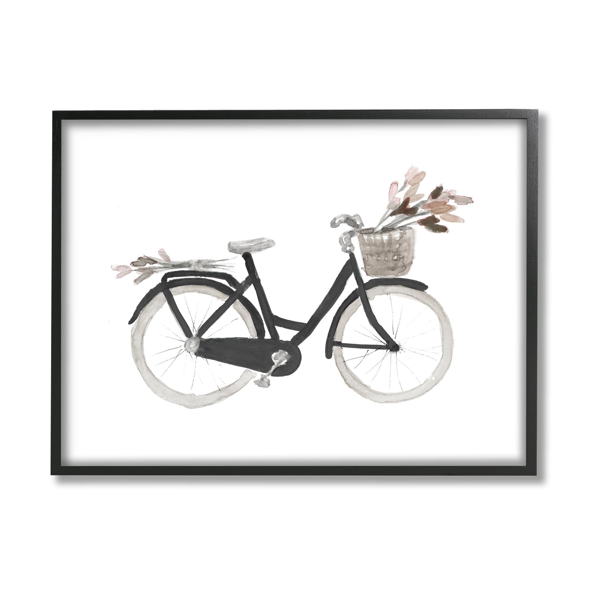 Stupell Industries Spring Floral Bicycle Basket Minimal over White Transportation Painting Black Framed Art Print Wall Art, 24 x 30