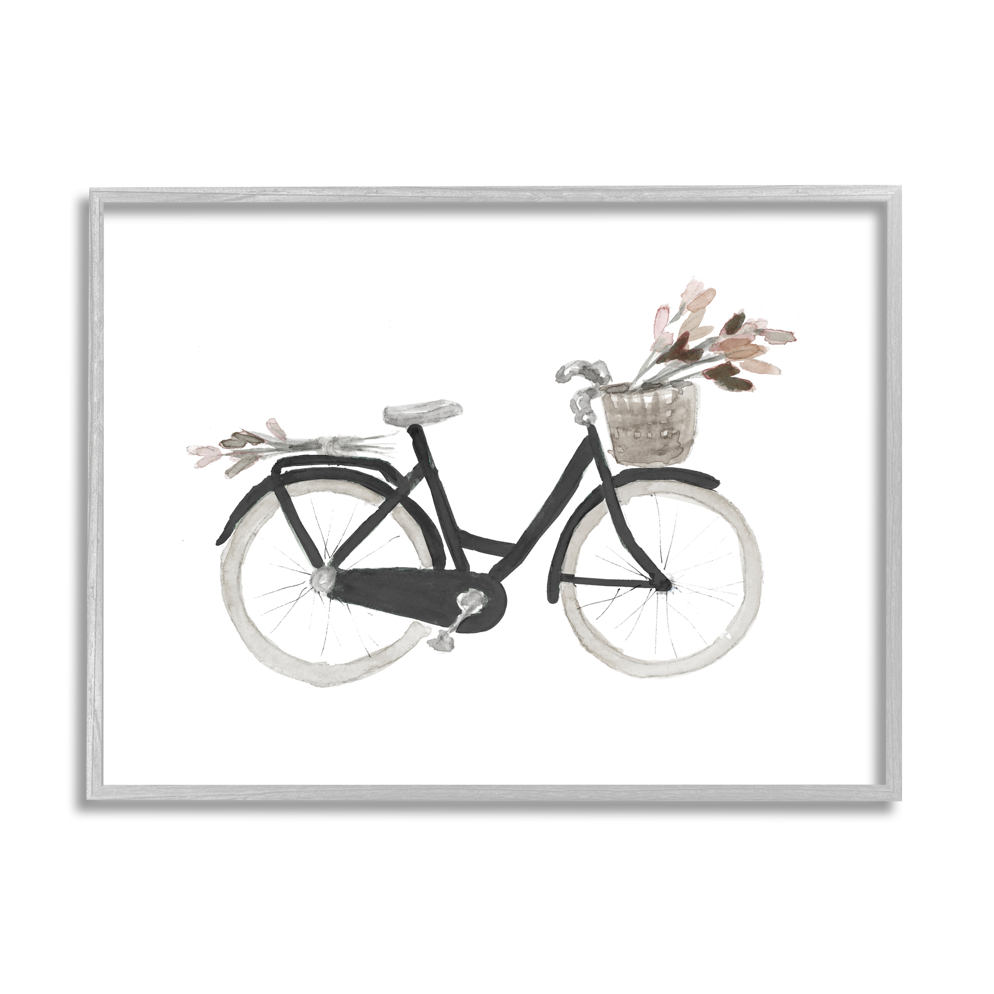 Stupell Industries Spring Floral Bicycle Basket Minimal over White Transportation Painting Gray Framed Art Print Wall Art, 11 x 14