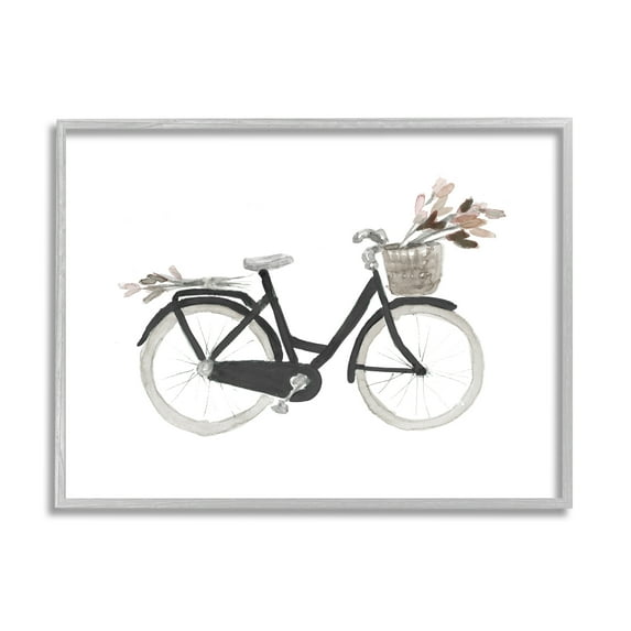 Stupell Industries Spring Floral Bicycle Basket Minimal over White Transportation Painting Gray Framed Art Print Wall Art, 16 x 20
