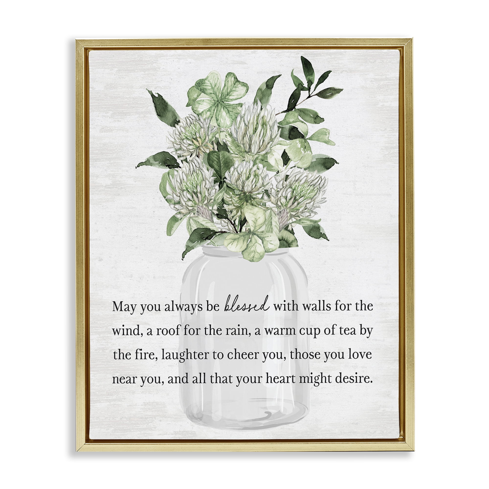 Stupell Industries Spring Floral Blessing Botanical & Floral Painting Gold Floater Framed Canvas Art Print Wall Art, 17 x 21