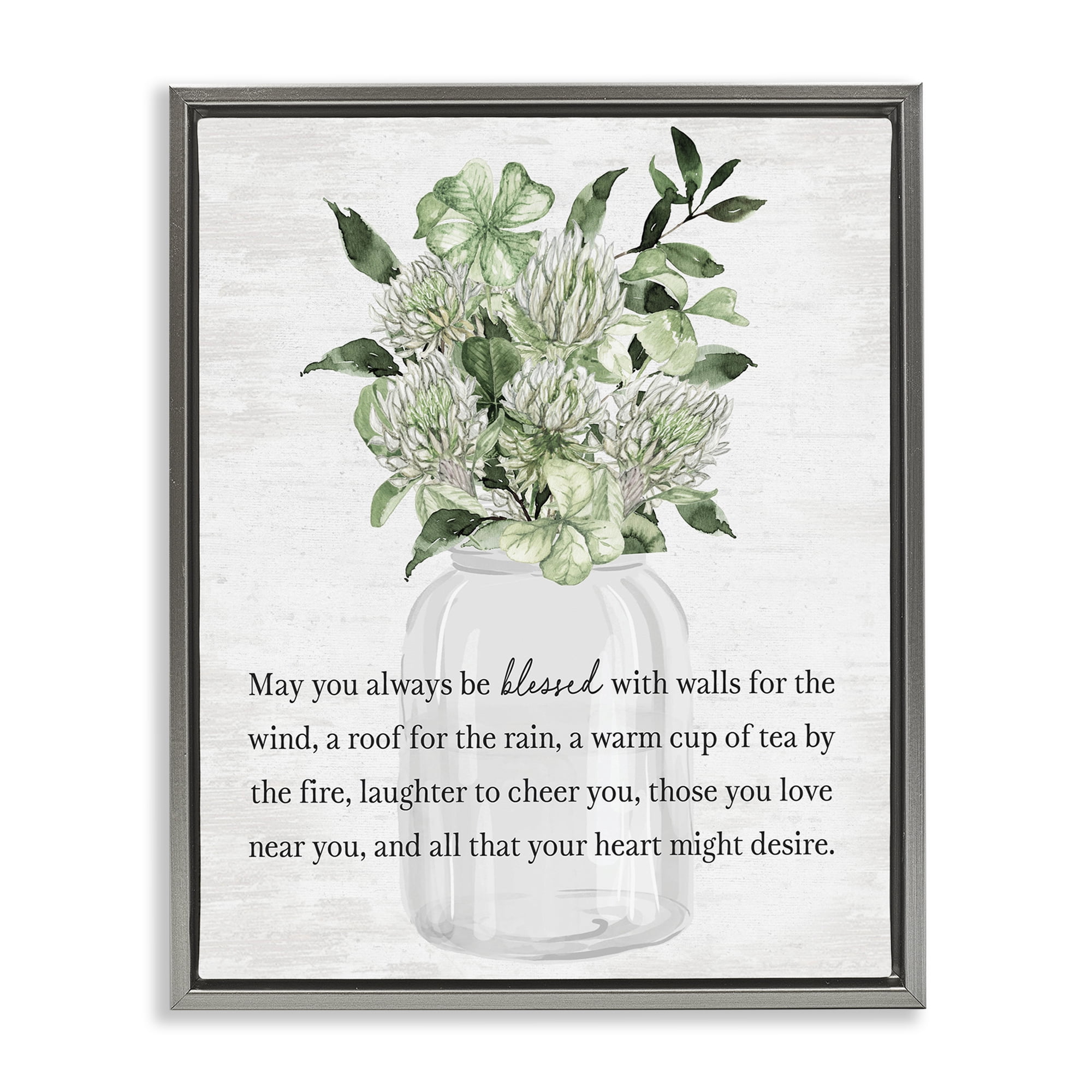 Stupell Industries Spring Floral Blessing Botanical & Floral Painting Gray Floater Framed Canvas Art Print Wall Art, 17 x 21