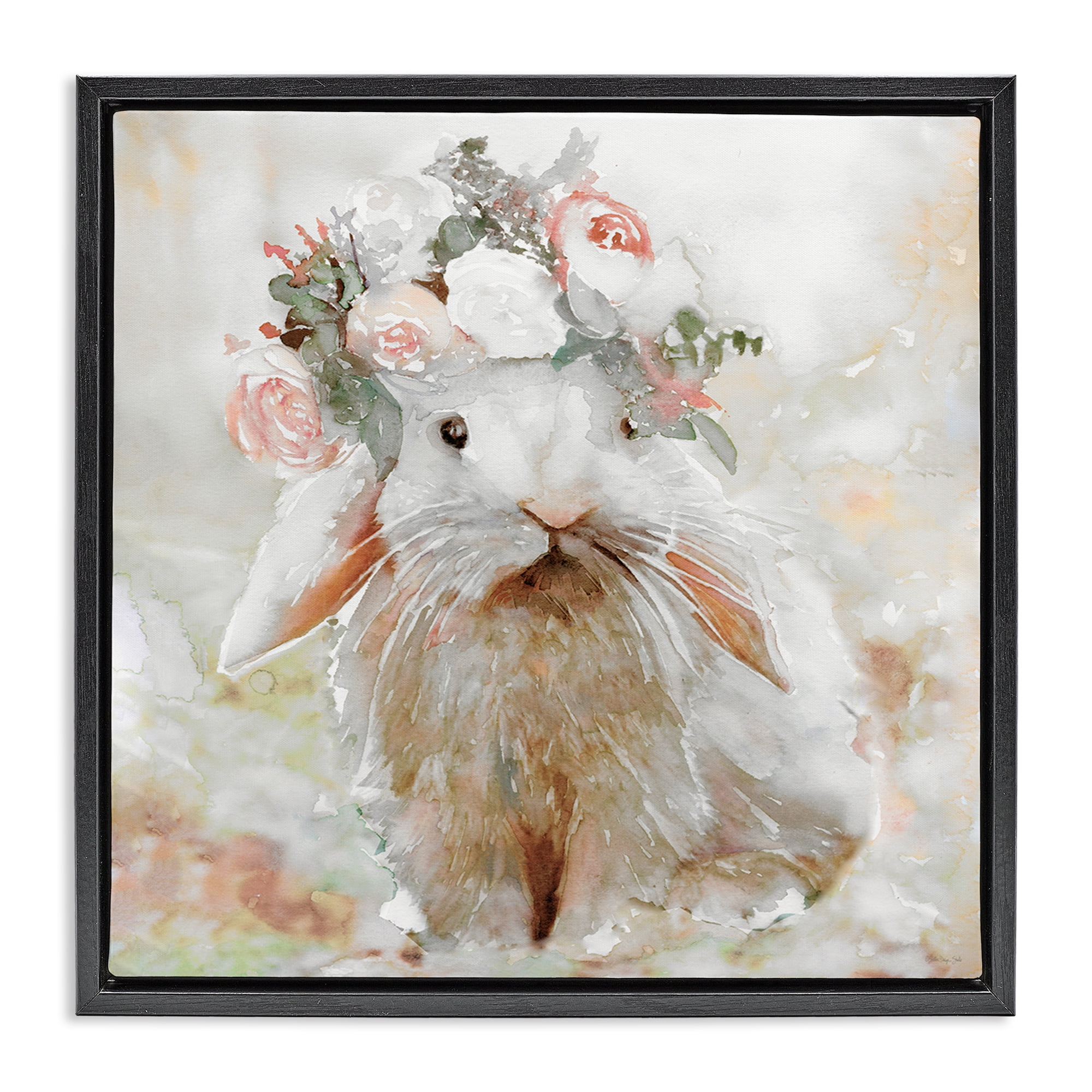 Stupell Industries Spring Floral Bunny Animals & Insects Painting Black Floater Framed Canvas Art Print Wall Art, 25 x 25