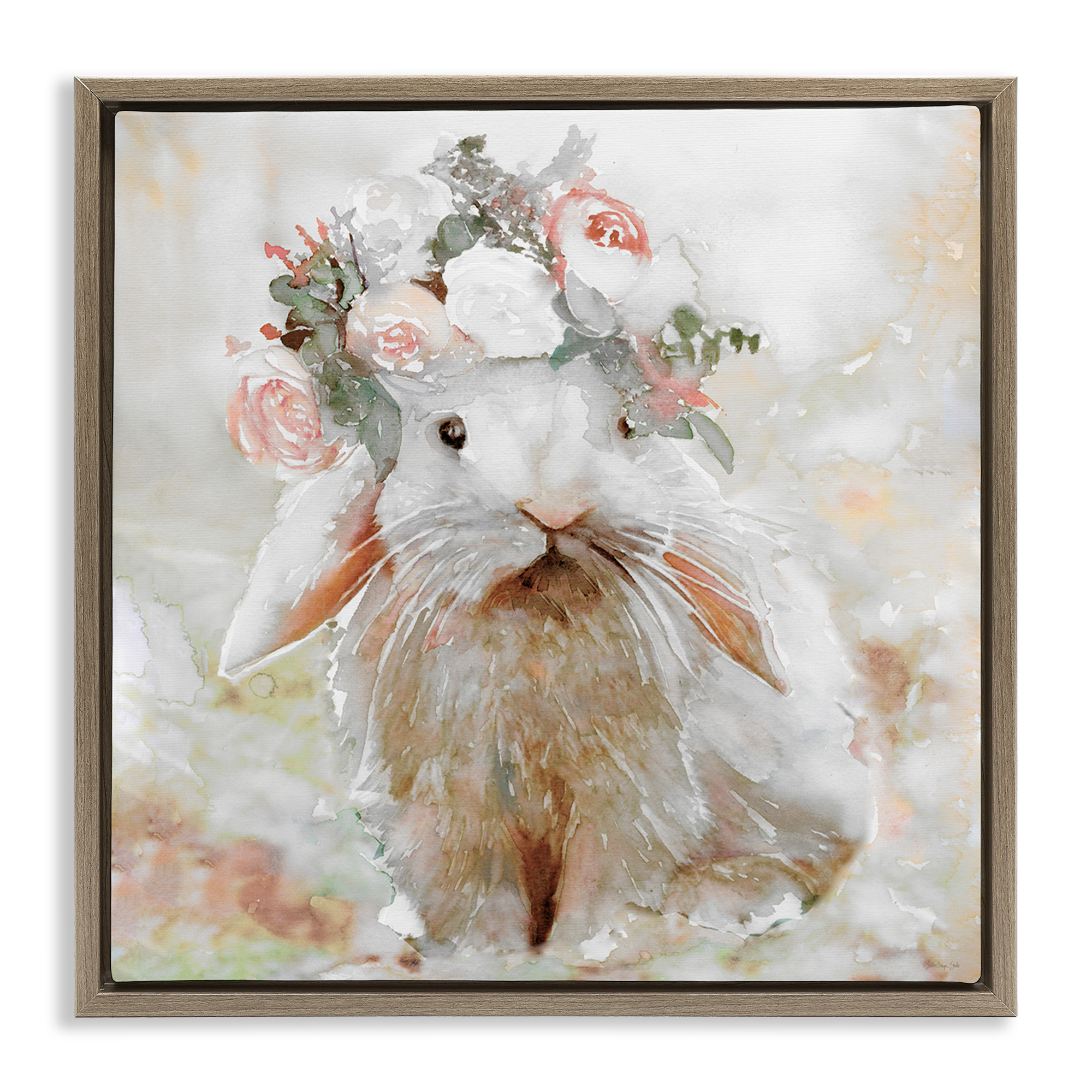 Stupell Industries Spring Floral Bunny Animals & Insects Painting Brown Floater Framed Canvas Art Print Wall Art, 25 x 25