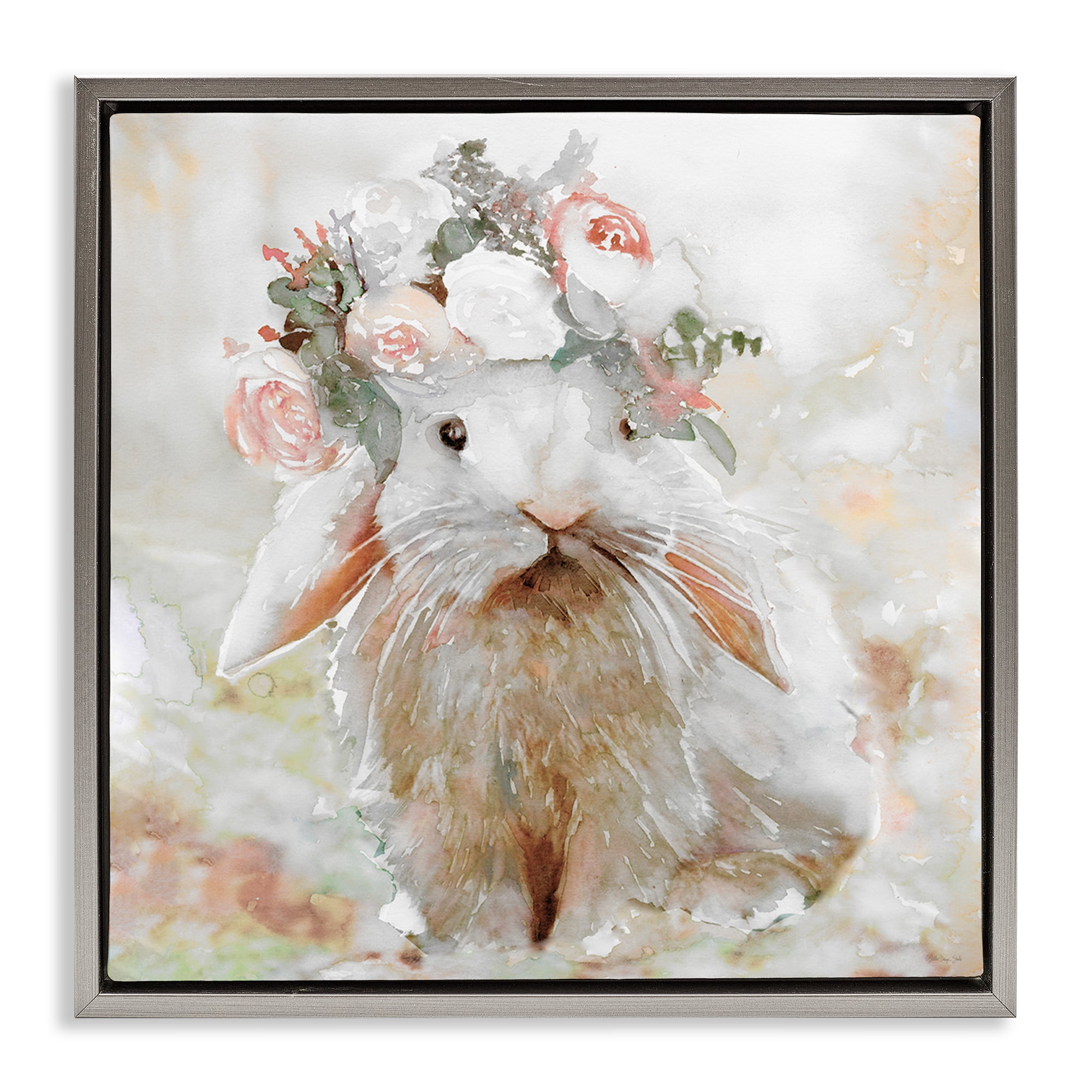 Stupell Industries Spring Floral Bunny Animals & Insects Painting Gray Floater Framed Canvas Art Print Wall Art, 25 x 25