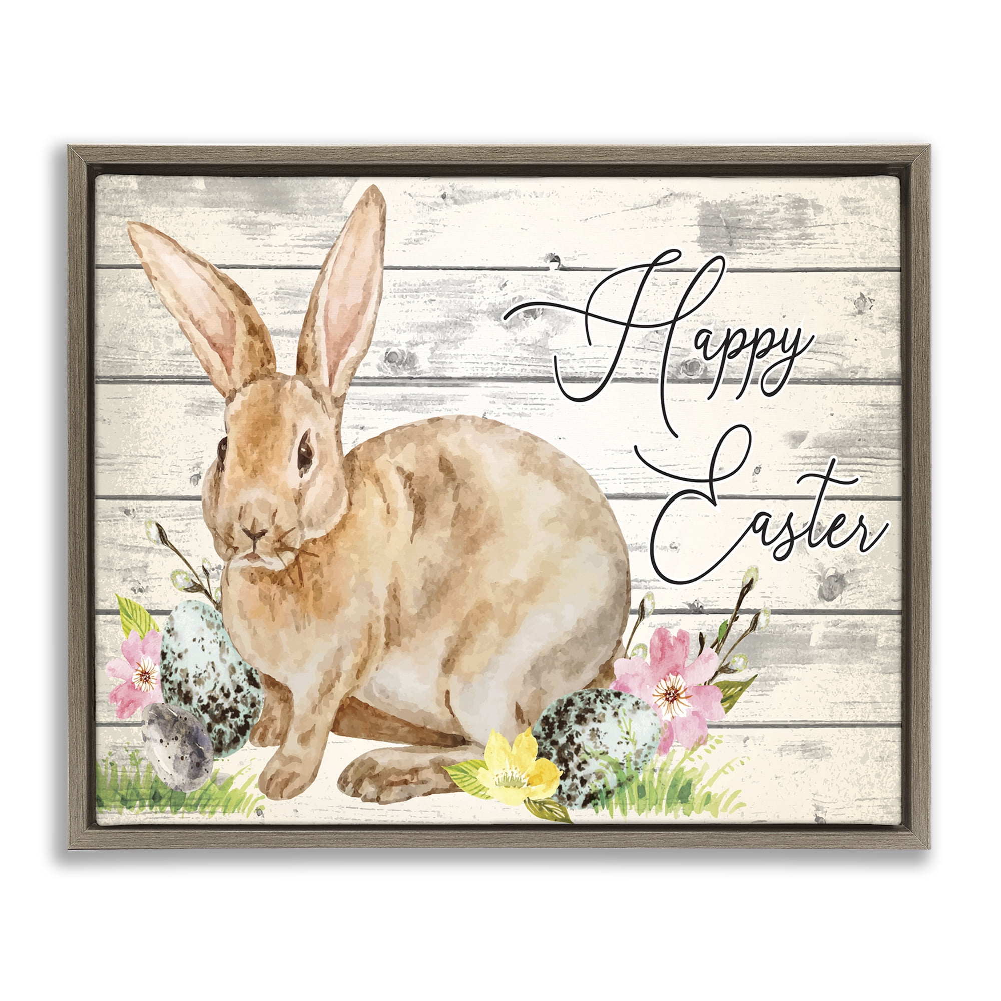 Spring Floral Happy Easter Bunny Brown Floating Frame Canvas Art, 21 x 17, By Nicole DeCamp