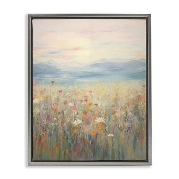 Stupell Industries Spring Floral Mountain Meadow Landscape & Nature Painting Gray Floater Framed Canvas Art Print Wall Art, 17 x 21