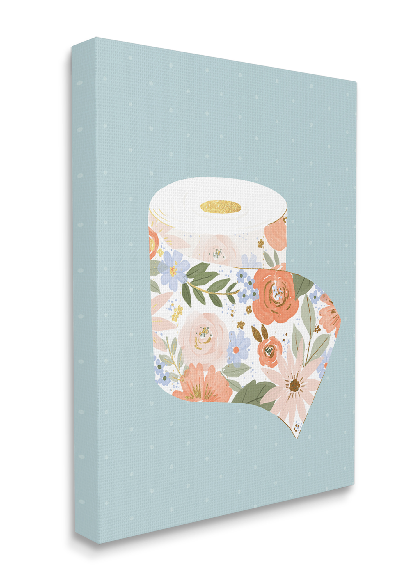 Stupell Industries Spring Floral Print Toilet Paper over Blue Botanical & Floral Painting Gallery Wrapped Canvas Art Print Wall Art, 36 x 48