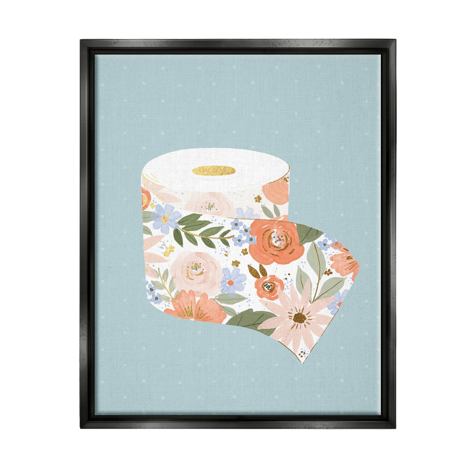 Stupell Industries Spring Floral Print Toilet Paper over Blue Luster Gray Framed Floating Canvas Wall Art, 24x30, by Loni Harris